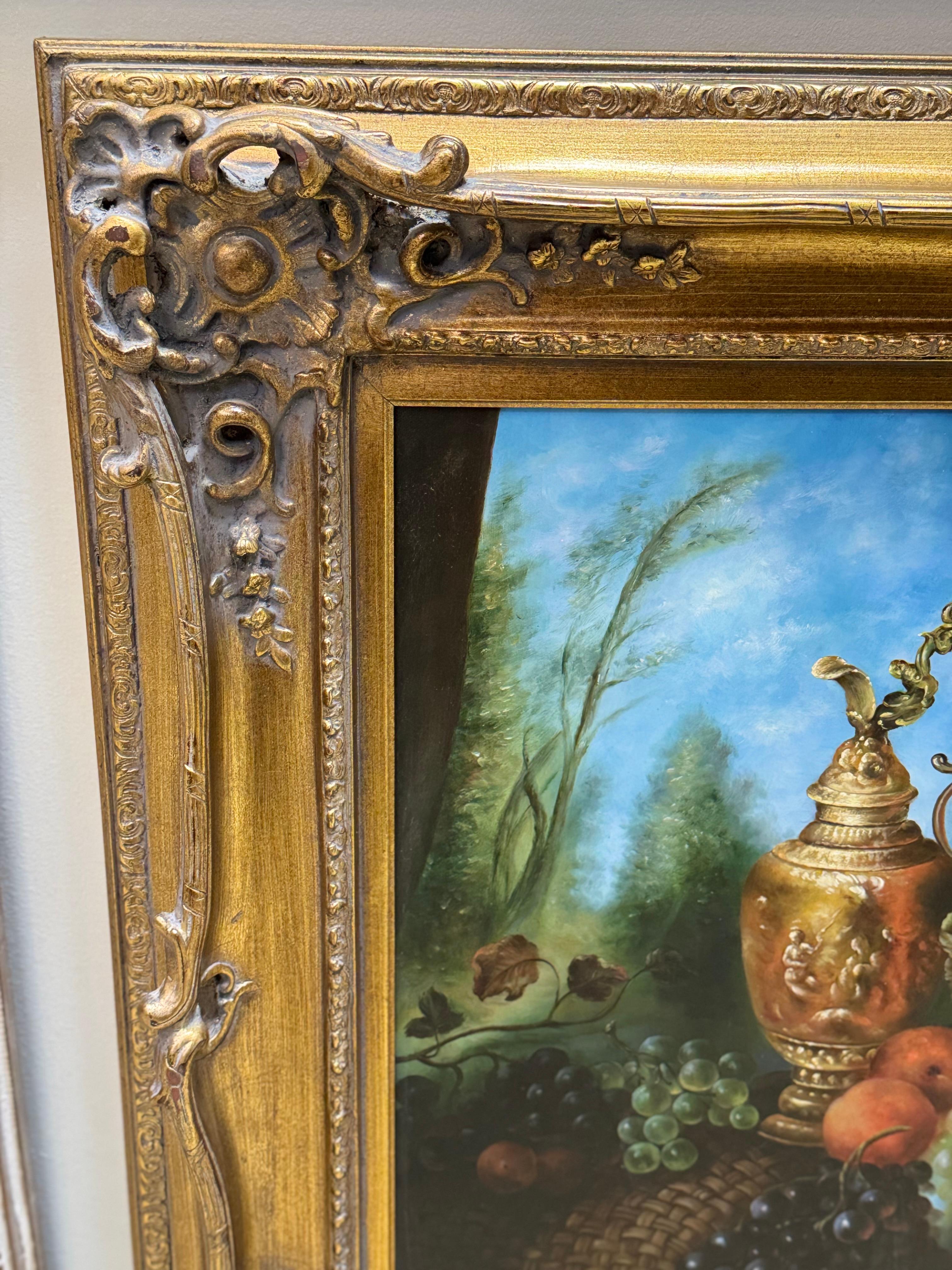 Art déco Nature morte à l'huile encadrée du milieu du 20e siècle, fruits sur une table en vente