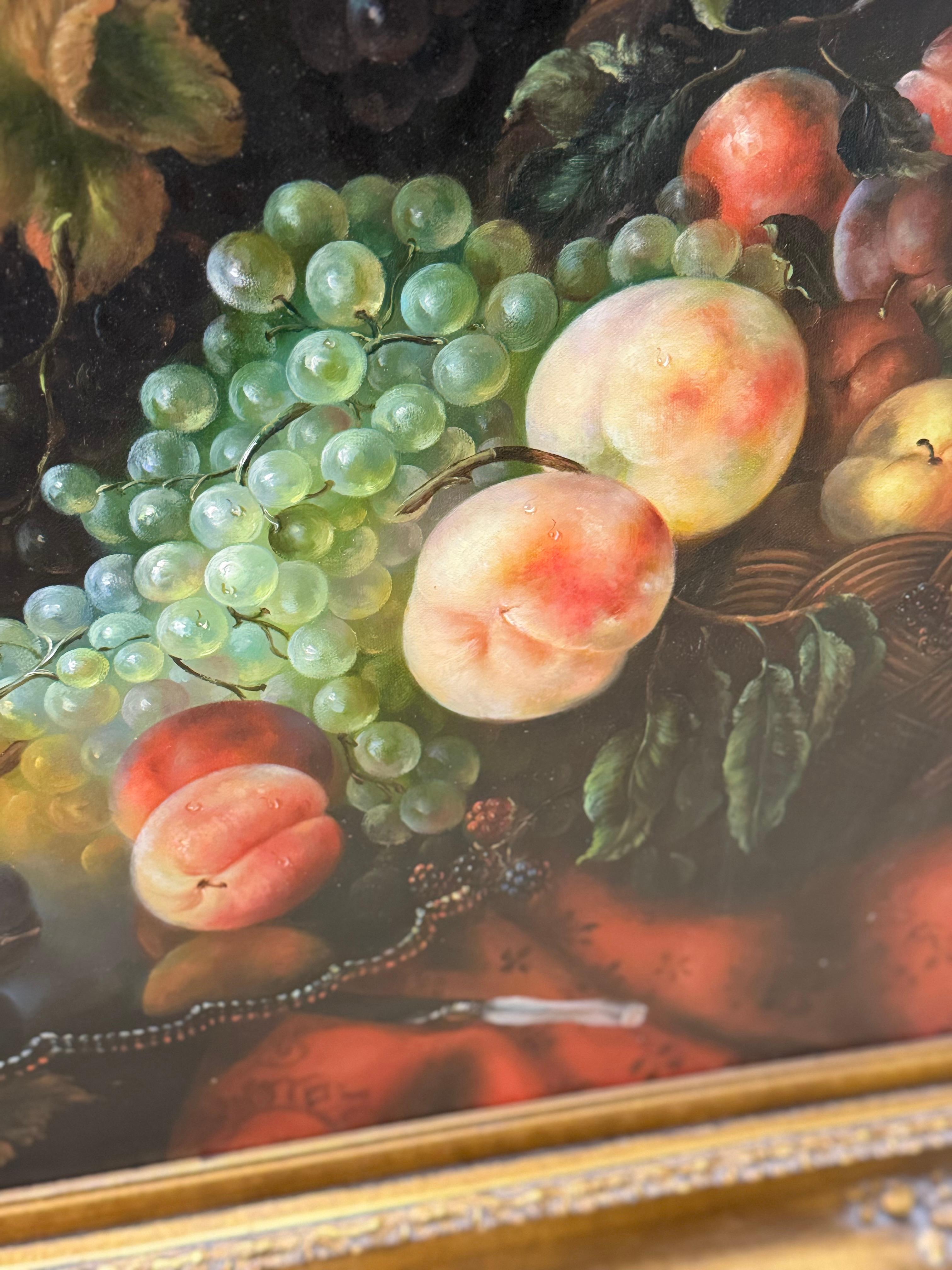 Nature morte à l'huile encadrée du milieu du 20e siècle, fruits sur une table Bon état - En vente à Birmingham, AL