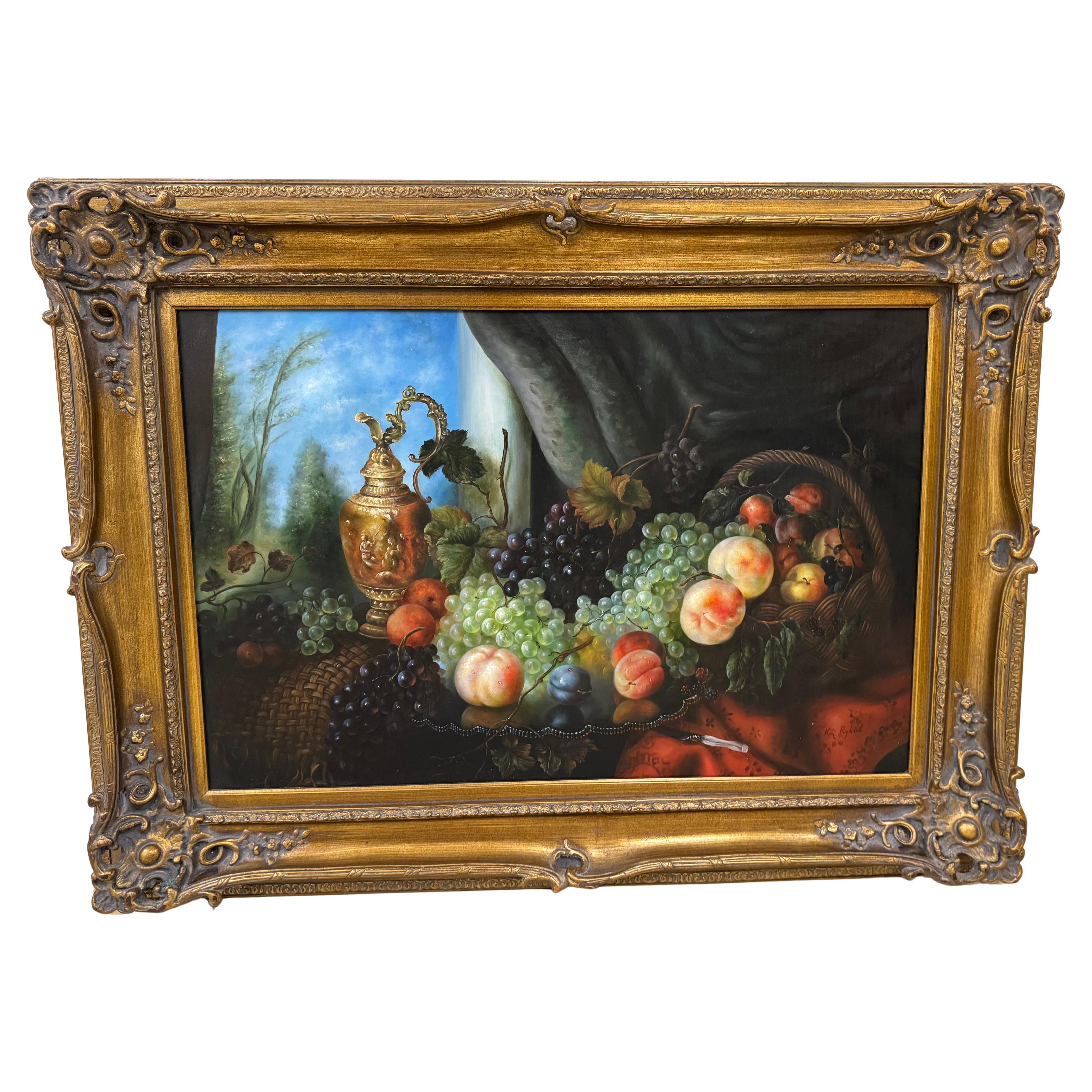 Bodegón al óleo enmarcado de mediados del siglo XX frutas sobre una mesa