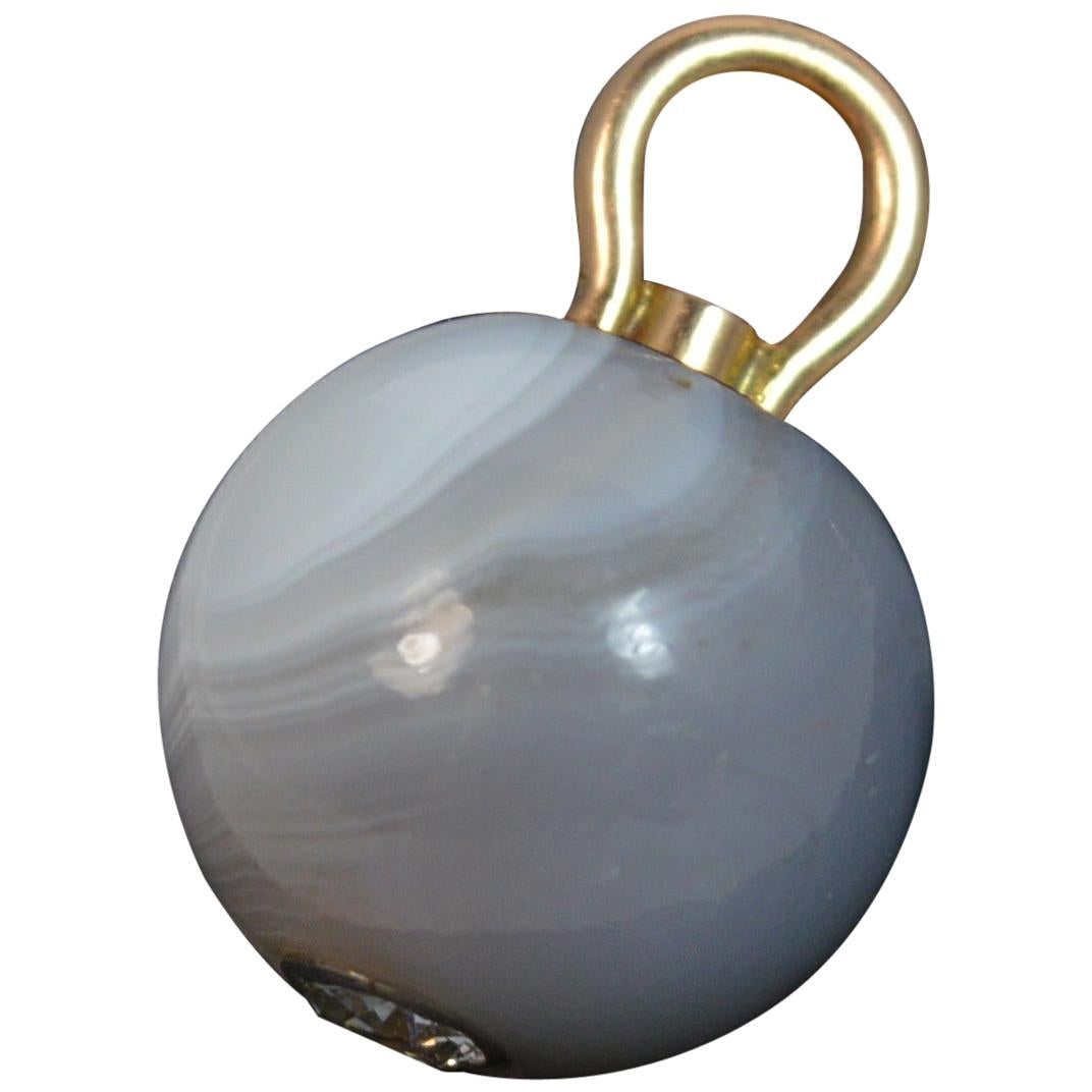 Mid-Victorian 15 Carat Gold Banded Agate Sphere with Old Cut Diamond Pendant