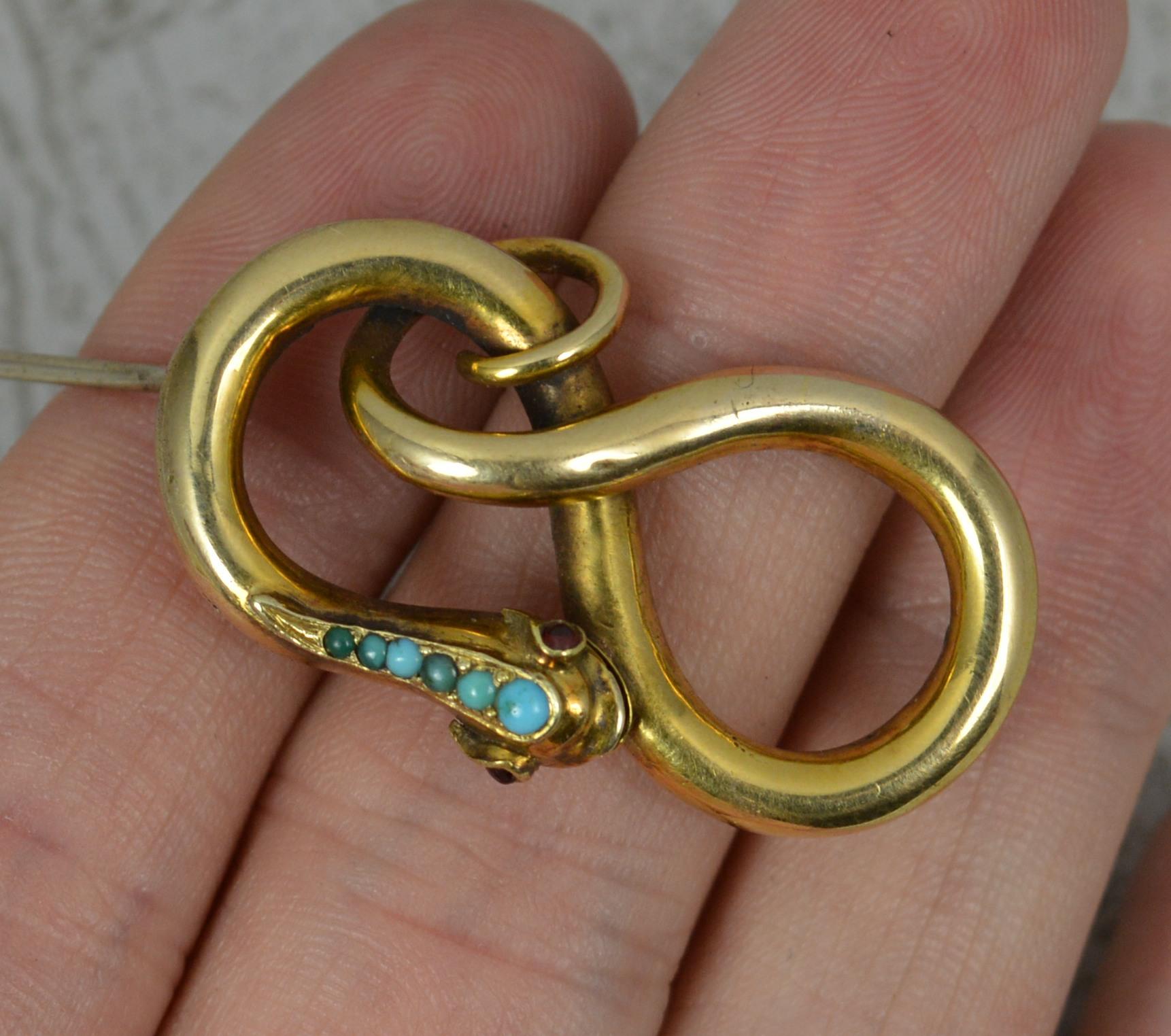 Mid Victorian 15 Carat Yellow Gold Turquoise and Garnet Snake Brooch 2