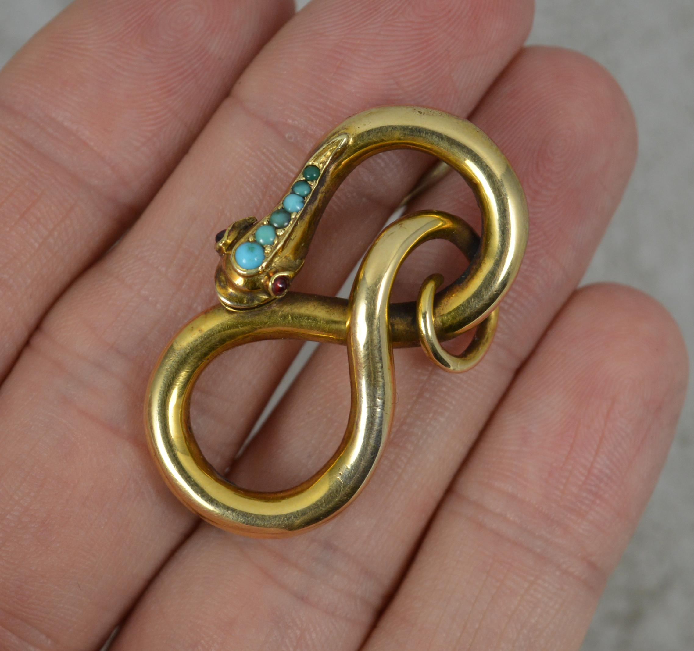 Mid Victorian 15 Carat Yellow Gold Turquoise and Garnet Snake Brooch 3