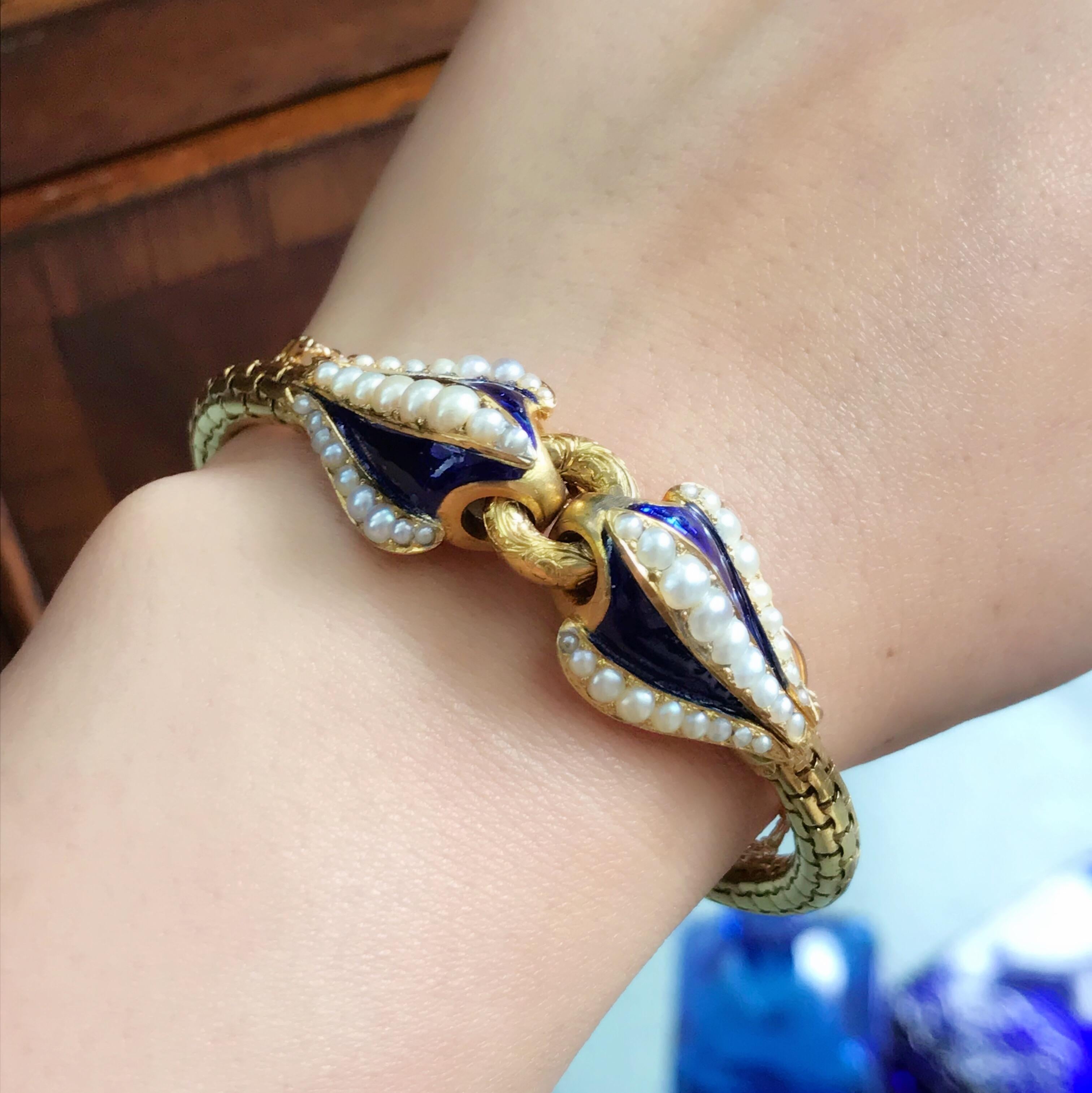 Mid Victorian 18 Karat Gold Split Pearl Blue Enamel Bracelet For Sale 1