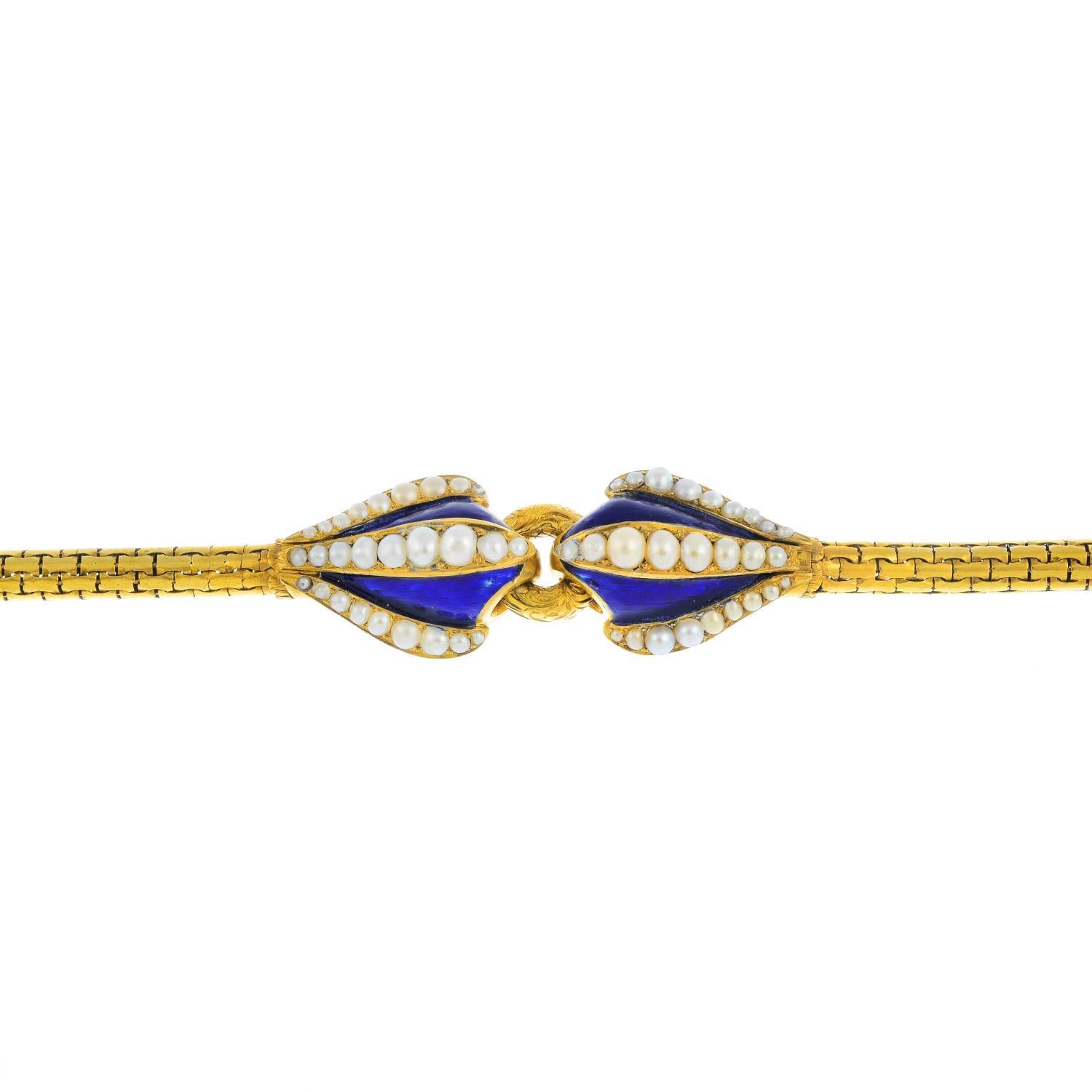 Mid Victorian 18 Karat Gold Split Pearl Blue Enamel Bracelet For Sale