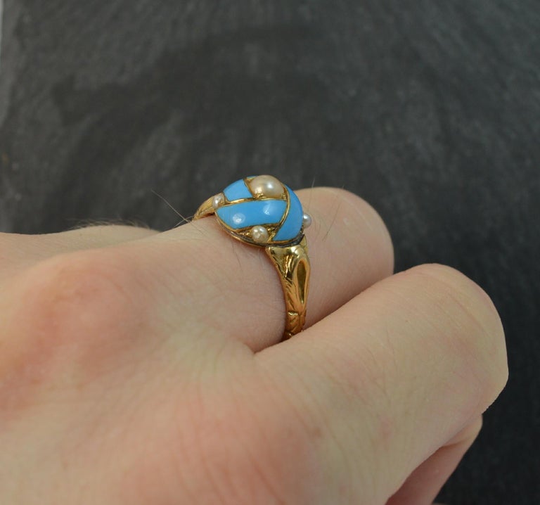 Mid Victorian 18 Carat Gold Baby Blue Enamel and Pearl Cluster Ring For ...