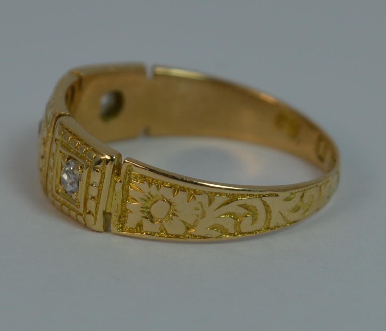 Mid Victorian 18ct Gold Old Cut Diamond Trilogy Stack Ring with Full Engraving 4