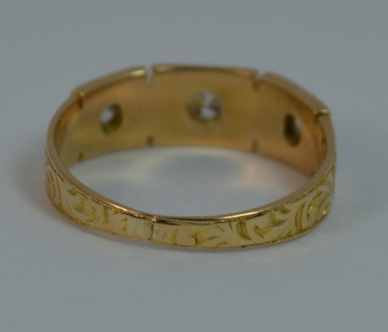 Mid Victorian 18ct Gold Old Cut Diamond Trilogy Stack Ring with Full Engraving 5