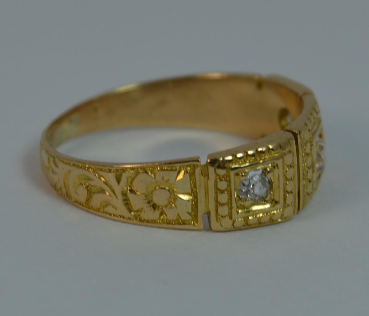 Mid Victorian 18ct Gold Old Cut Diamond Trilogy Stack Ring with Full Engraving 6