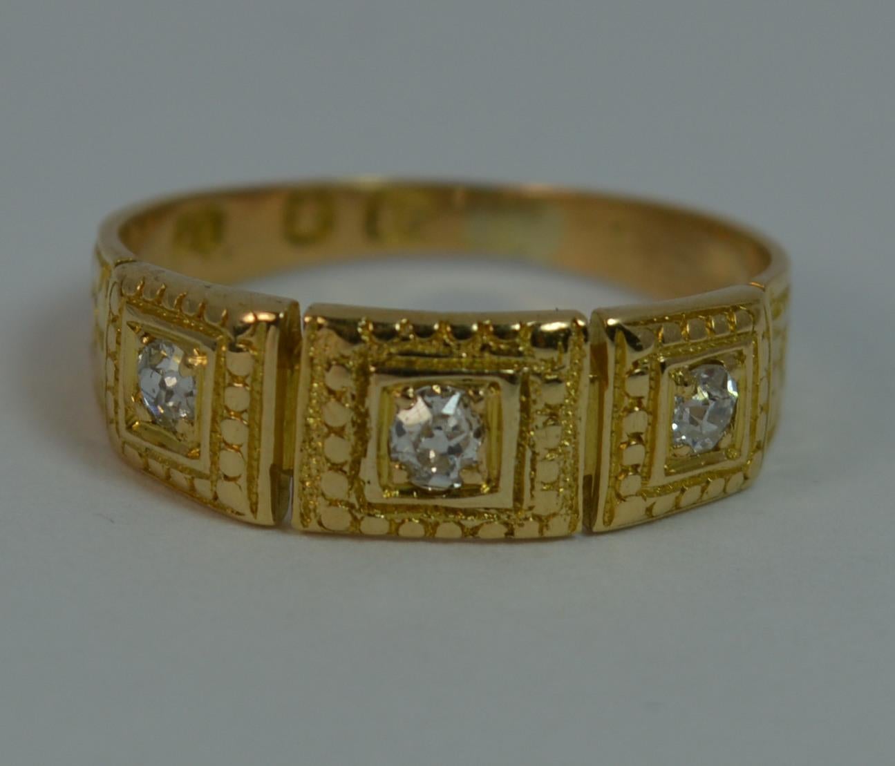 Mid Victorian 18ct Gold Old Cut Diamond Trilogy Stack Ring with Full Engraving 7