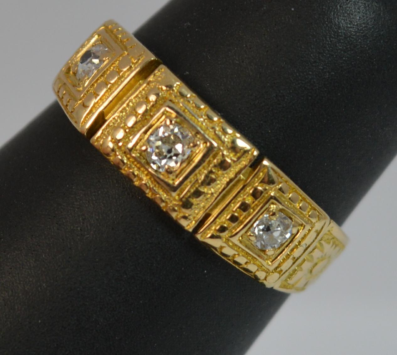 Mid Victorian 18ct Gold Old Cut Diamond Trilogy Stack Ring with Full Engraving 8