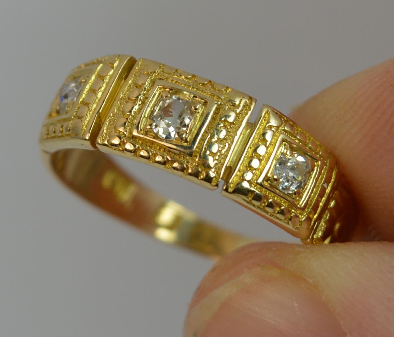 Mid Victorian 18ct Gold Old Cut Diamond Trilogy Stack Ring with Full Engraving 3