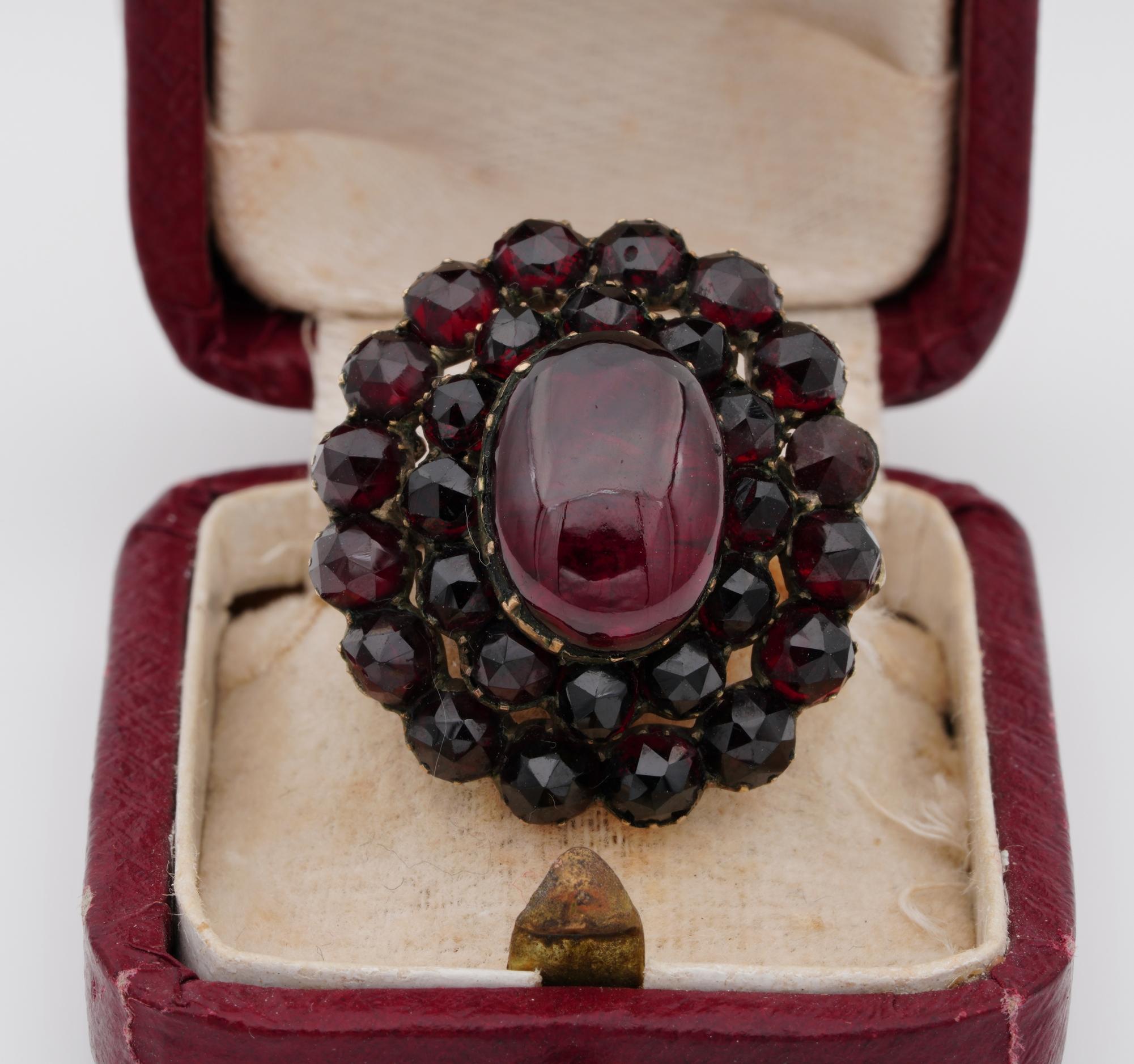 Victorian Statements!

An impressive, large, imposing oval head, Mid Victorian Bohemian Garnet ring
Statement piece for the antique Garnets lovers, large, eye-catching, rare
Hand crafted of solid 17 KT /18 KT tested, hard to be find in high carat