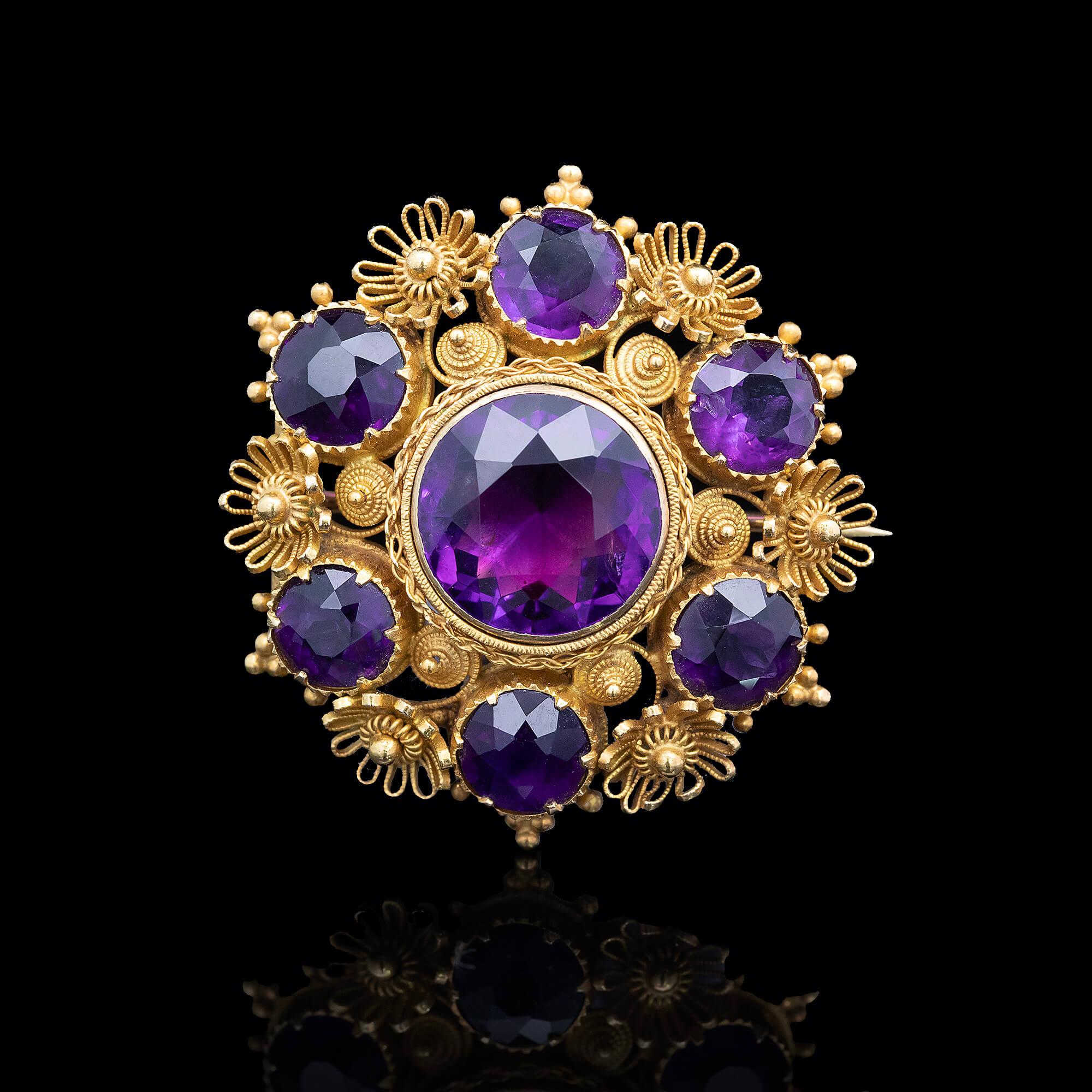 Round Cut Mid-Victorian Amethyst Brooch Circa 1860