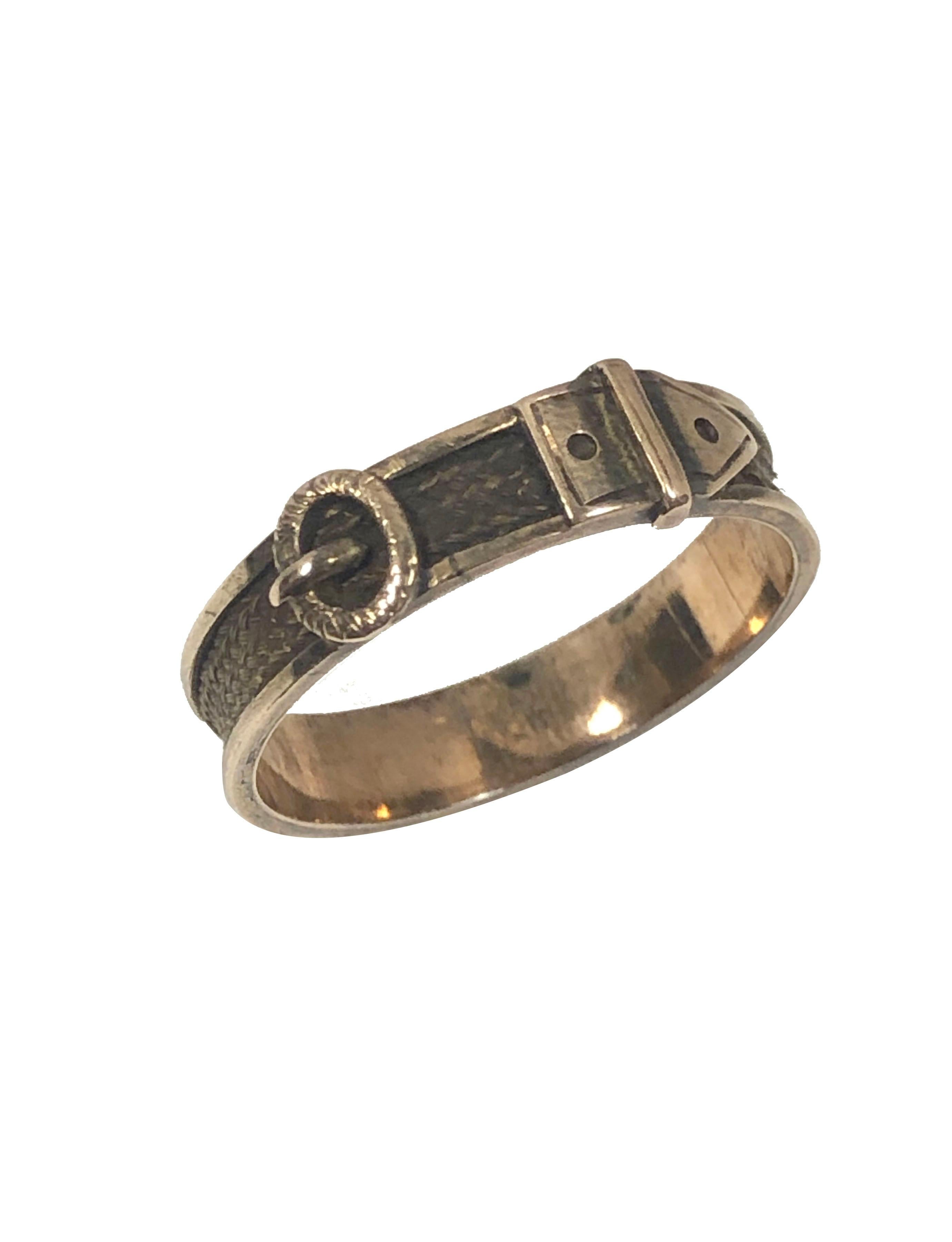 Mid Victorian Buckle Form Gold Mourning Memorial Ring In Excellent Condition For Sale In Chicago, IL