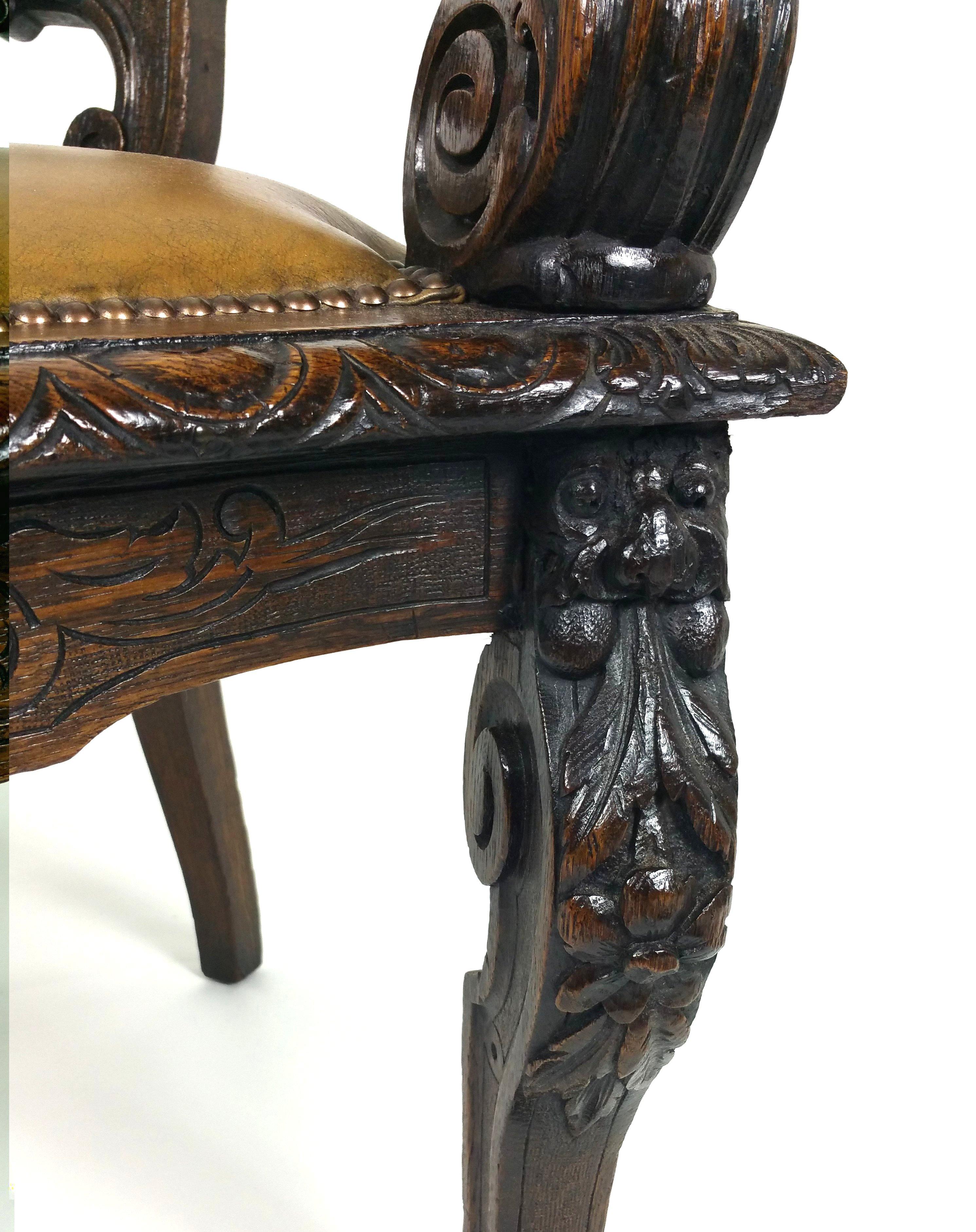 Mid-Victorian Carved Oak Tub Shaped Desk Chair 3