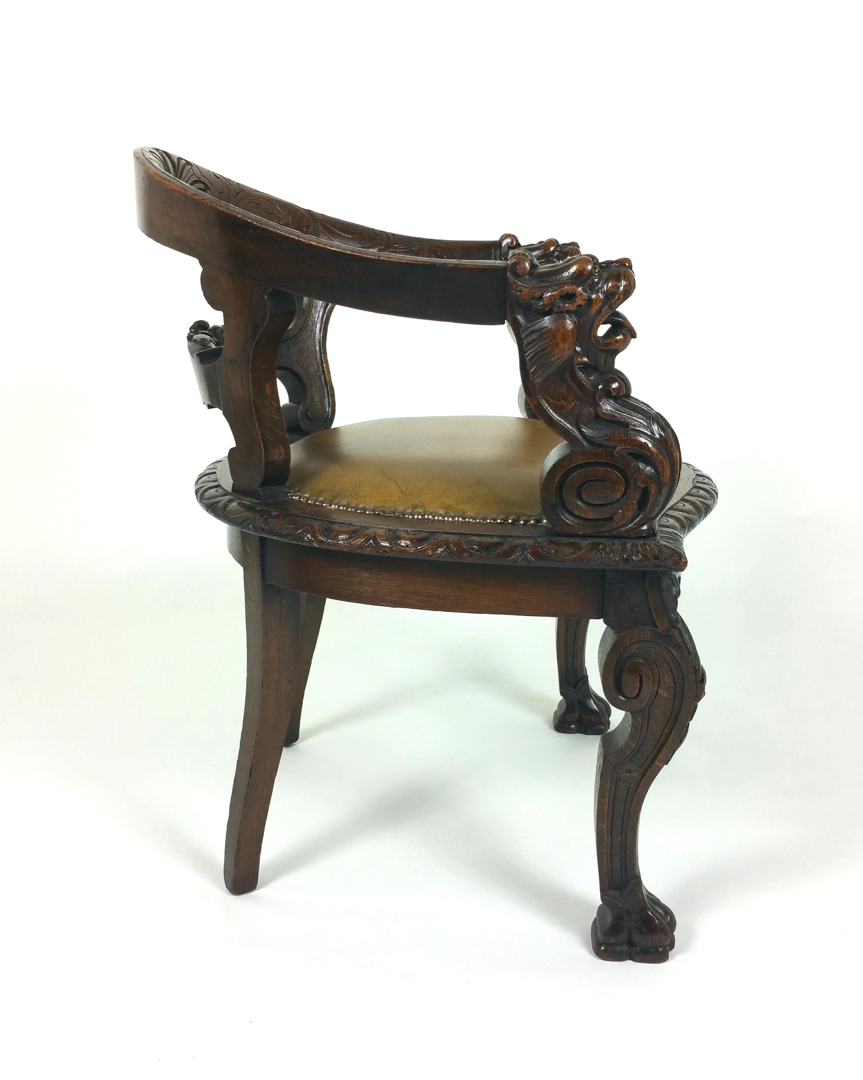 Mid-Victorian Carved Oak Tub Shaped Desk Chair 5