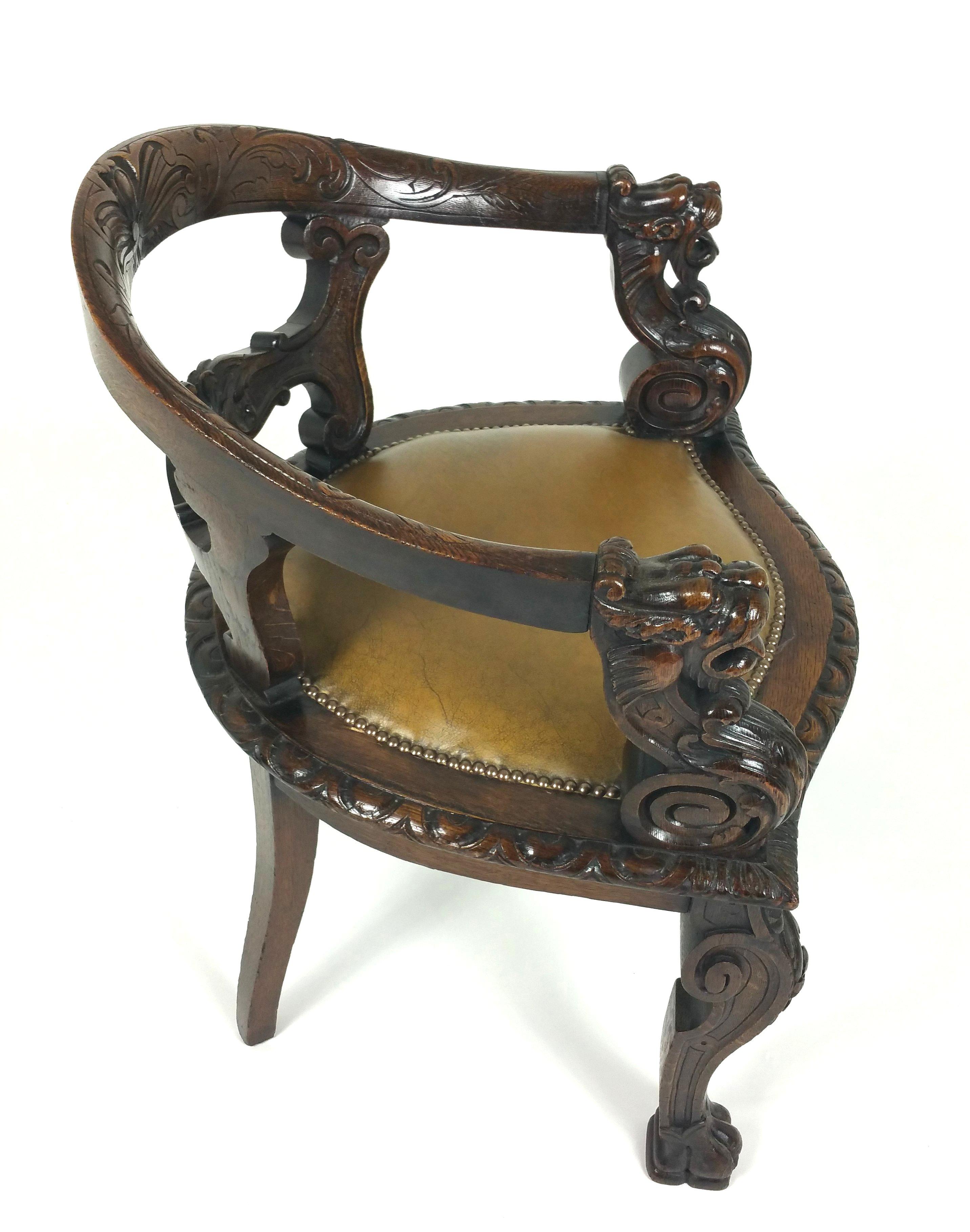 Mid-Victorian Carved Oak Tub Shaped Desk Chair 6