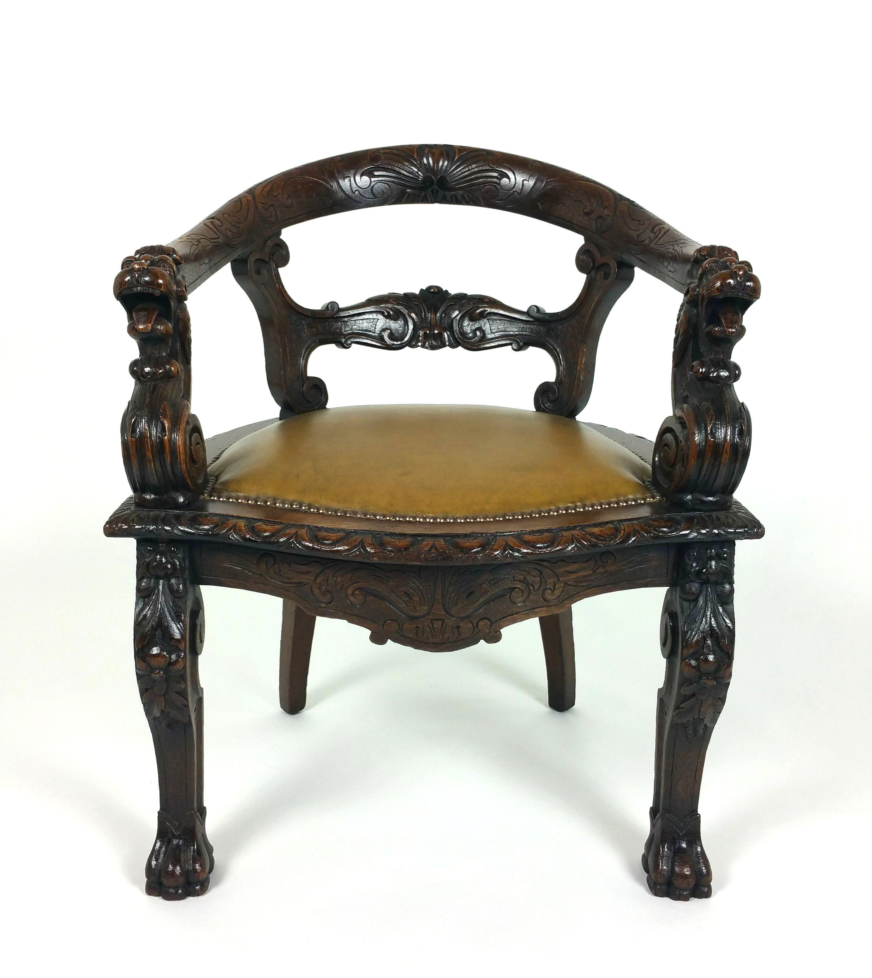 Mid-Victorian Carved Oak Tub Shaped Desk Chair 8