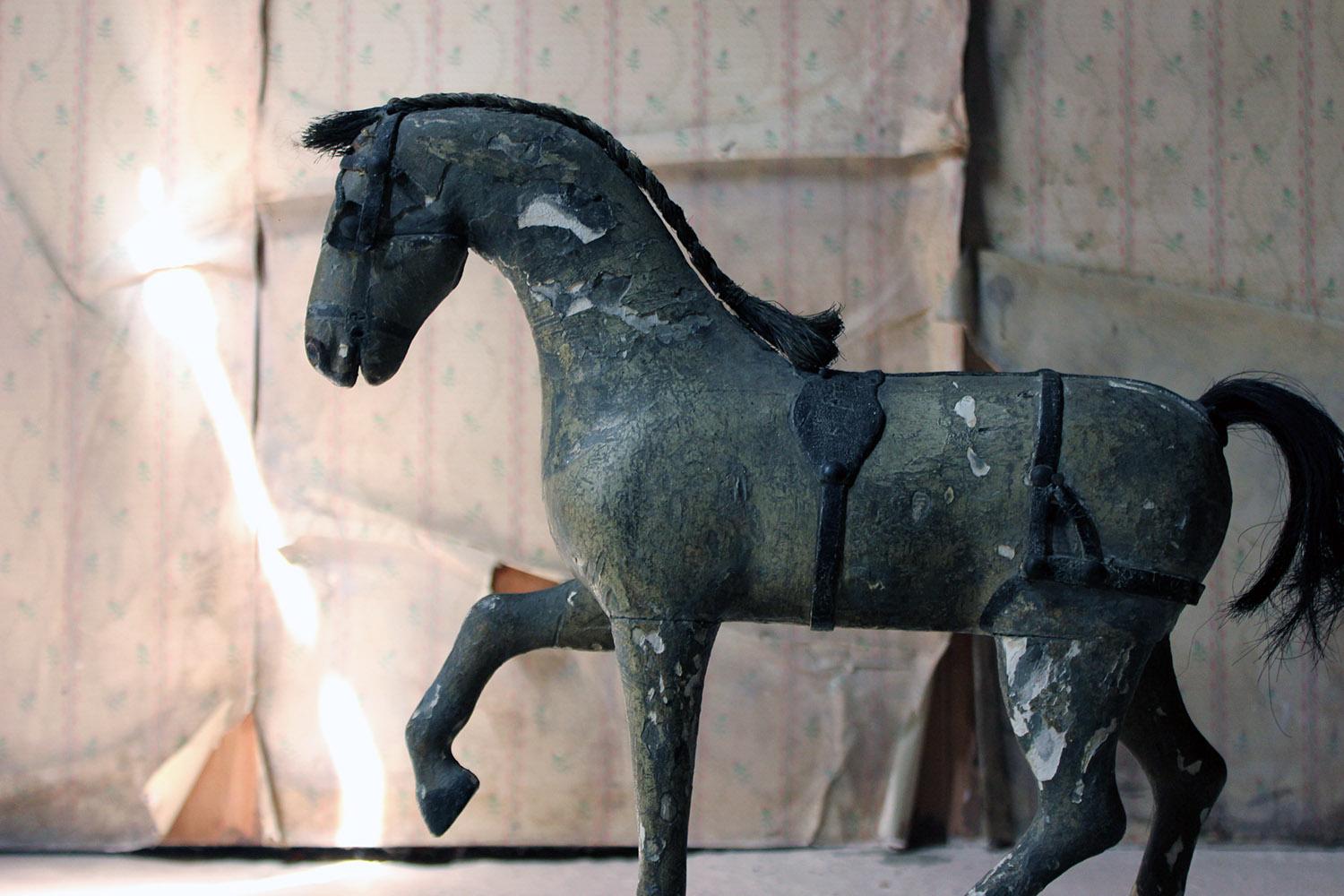 High Victorian Mid-Victorian Carved Pine & Dappled Painted Pull-a-Long Horse, circa 1860-1870