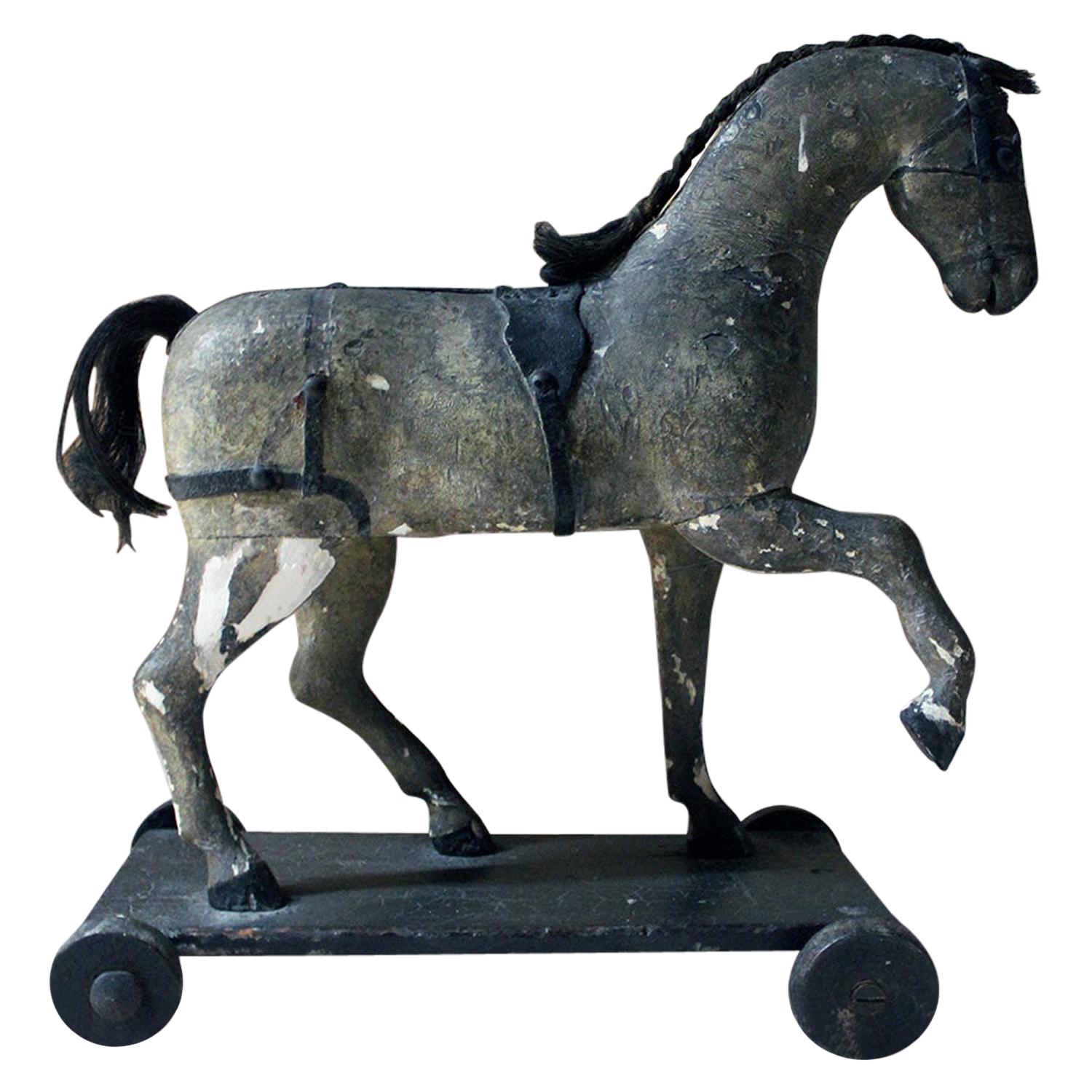Mid-Victorian Carved Pine & Dappled Painted Pull-a-Long Horse, circa 1860-1870