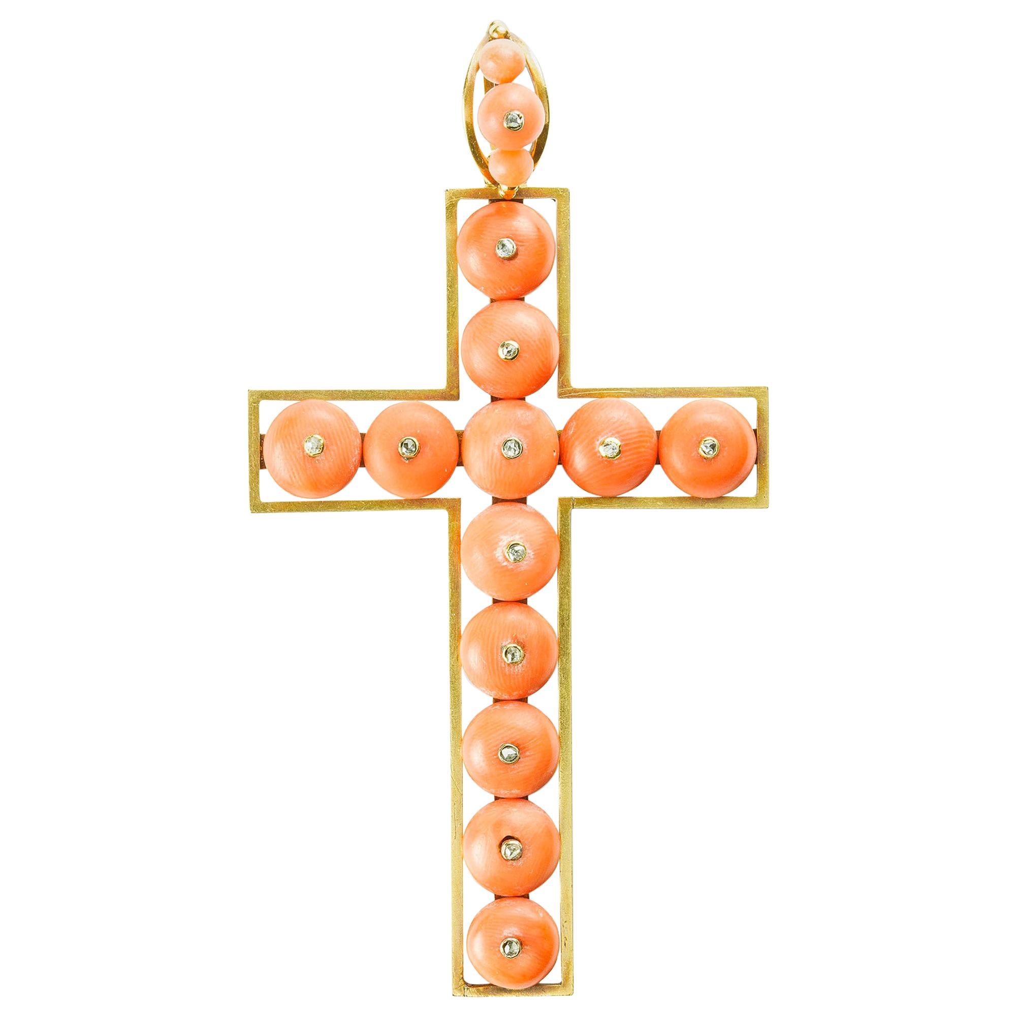 Mid-Victorian Coral Bead and Diamond Cross For Sale