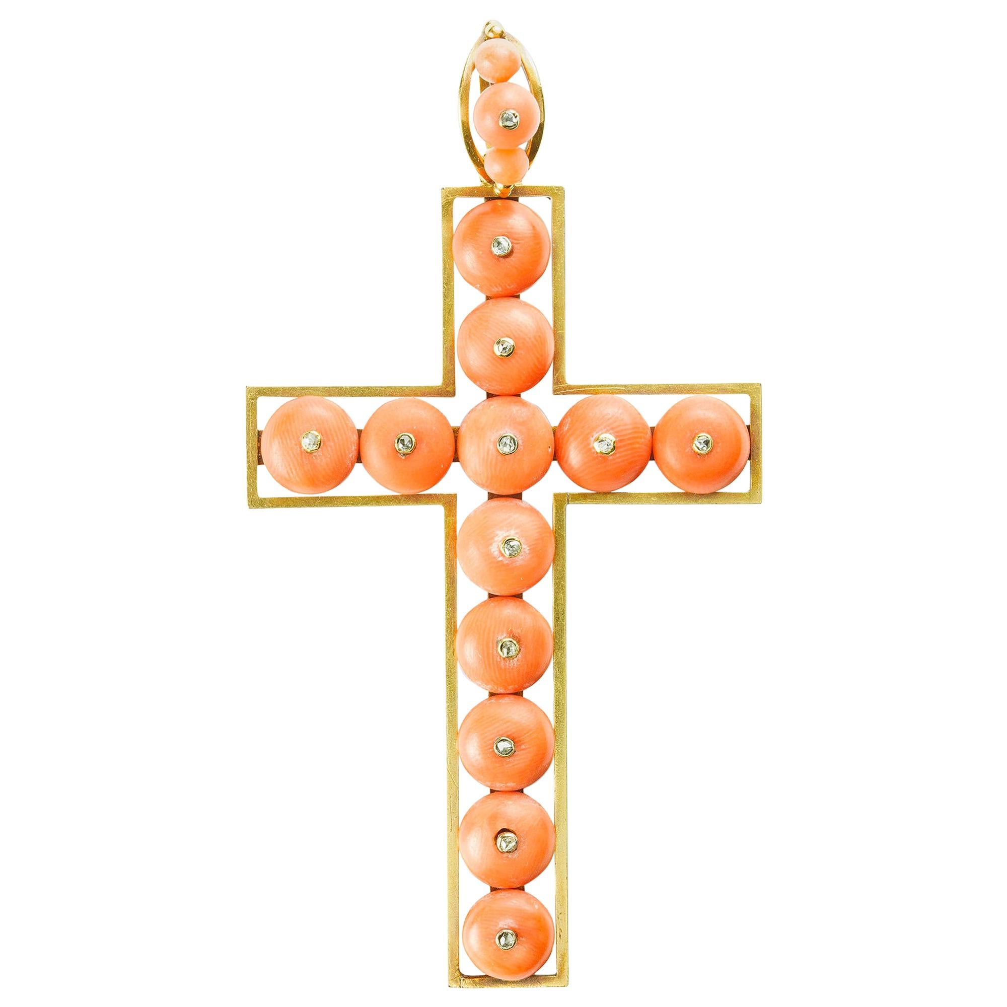 Mid-Victorian Coral Bead and Diamond Cross