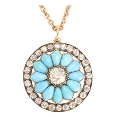 Mid-Victorian Diamond Turquoise Halo Flower Pendant