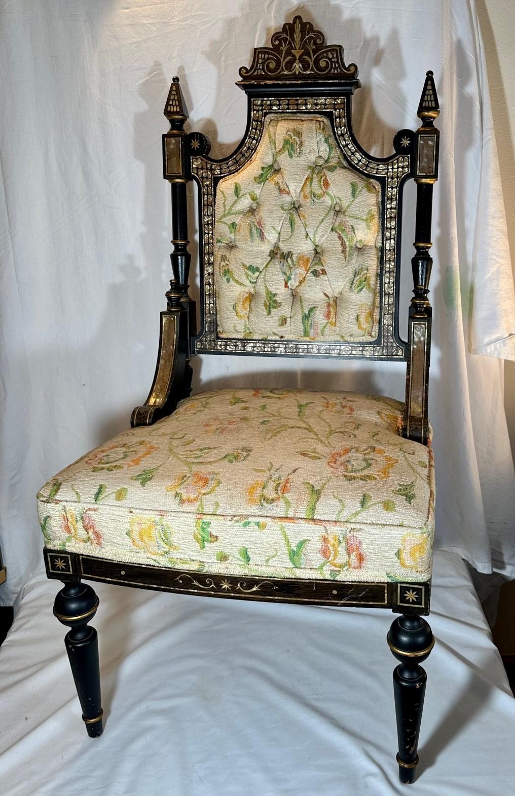 Mid Victorian Ebonized Chair with Mother of Pearl Inlay.

Rare antique Mother of Pearl inlaid side chair. The ebonized and gold decorated wood is carved and turned with fine details. The Mid Victorian chair originated probably from Armenia. It is