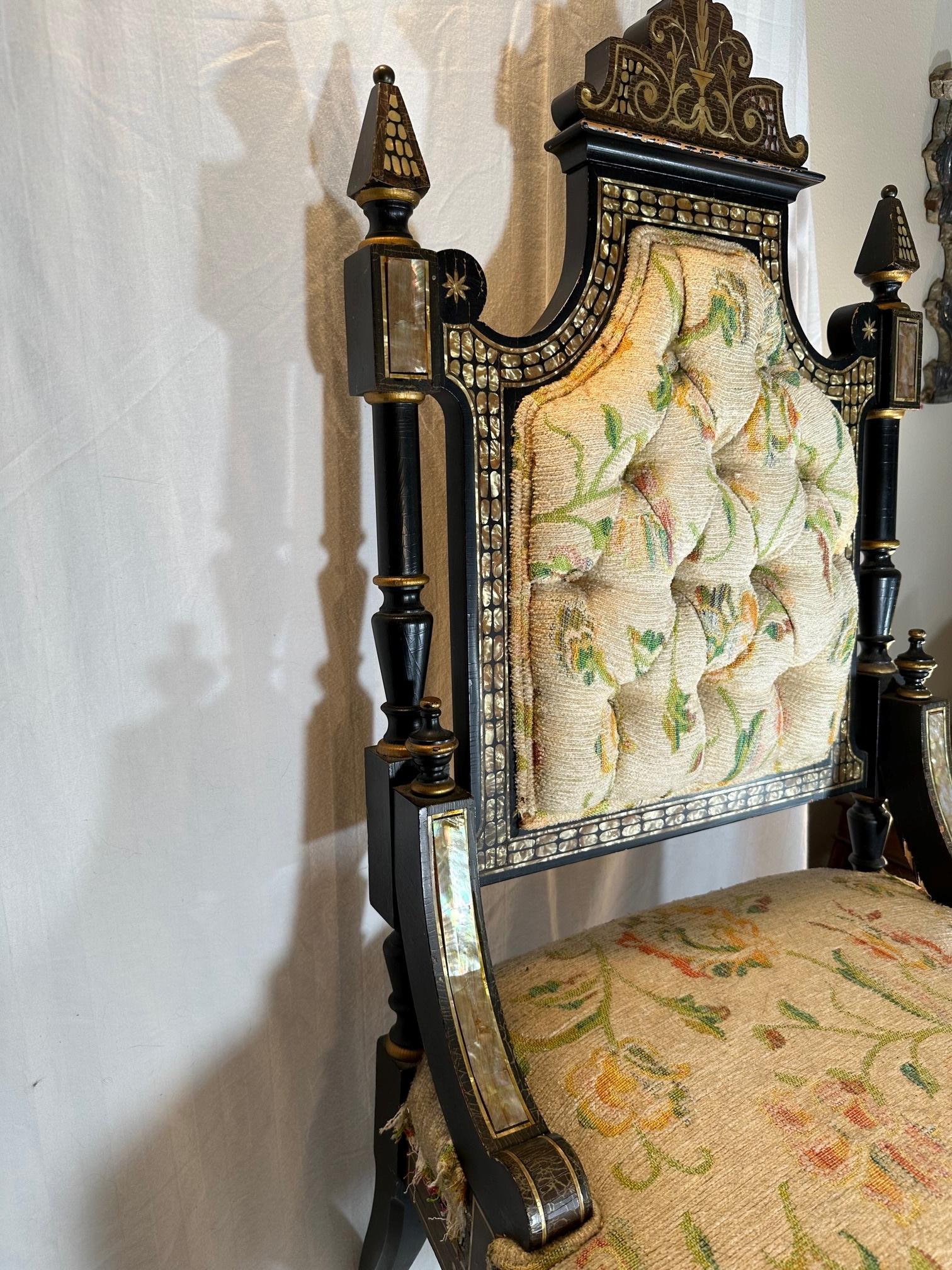 Unknown Mid Victorian Ebonized Chair with Mother of Pearl Inlay. For Sale