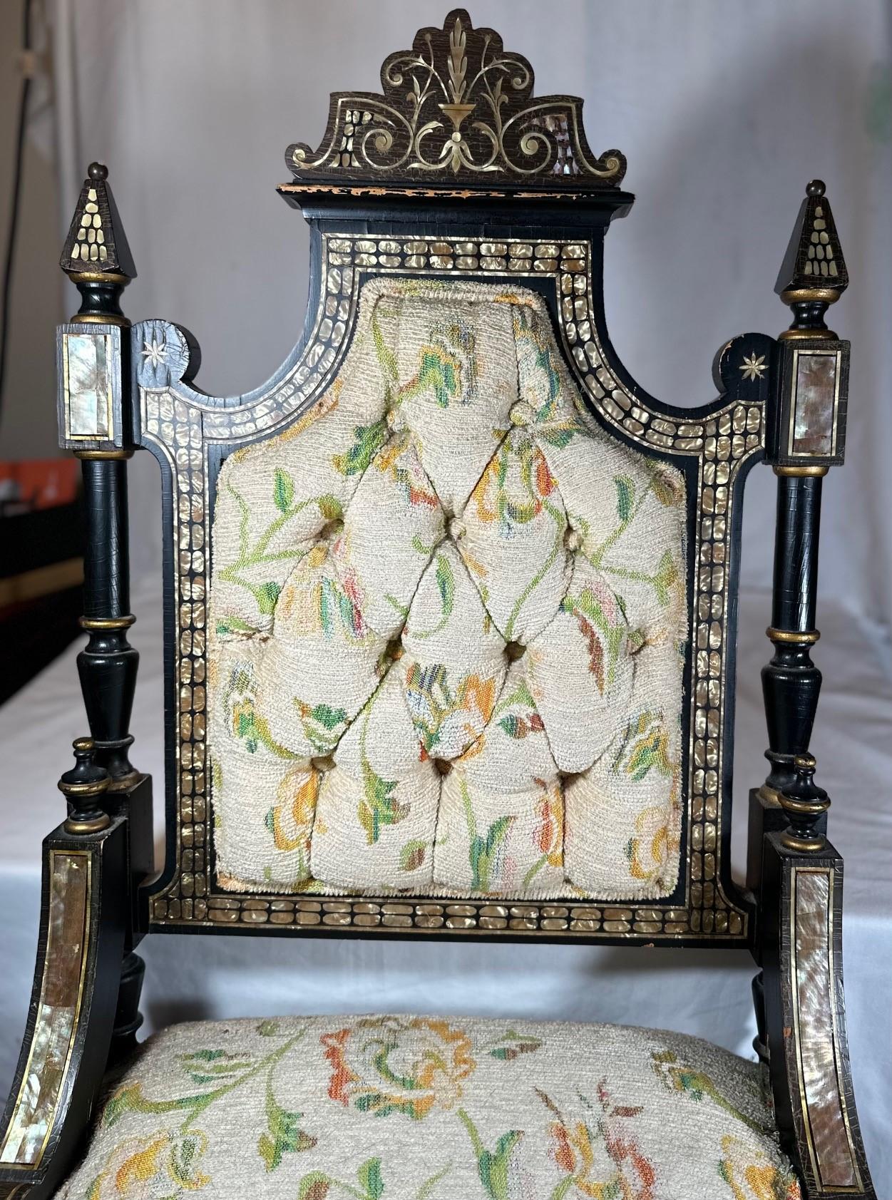 19th Century Mid Victorian Ebonized Chair with Mother of Pearl Inlay. For Sale