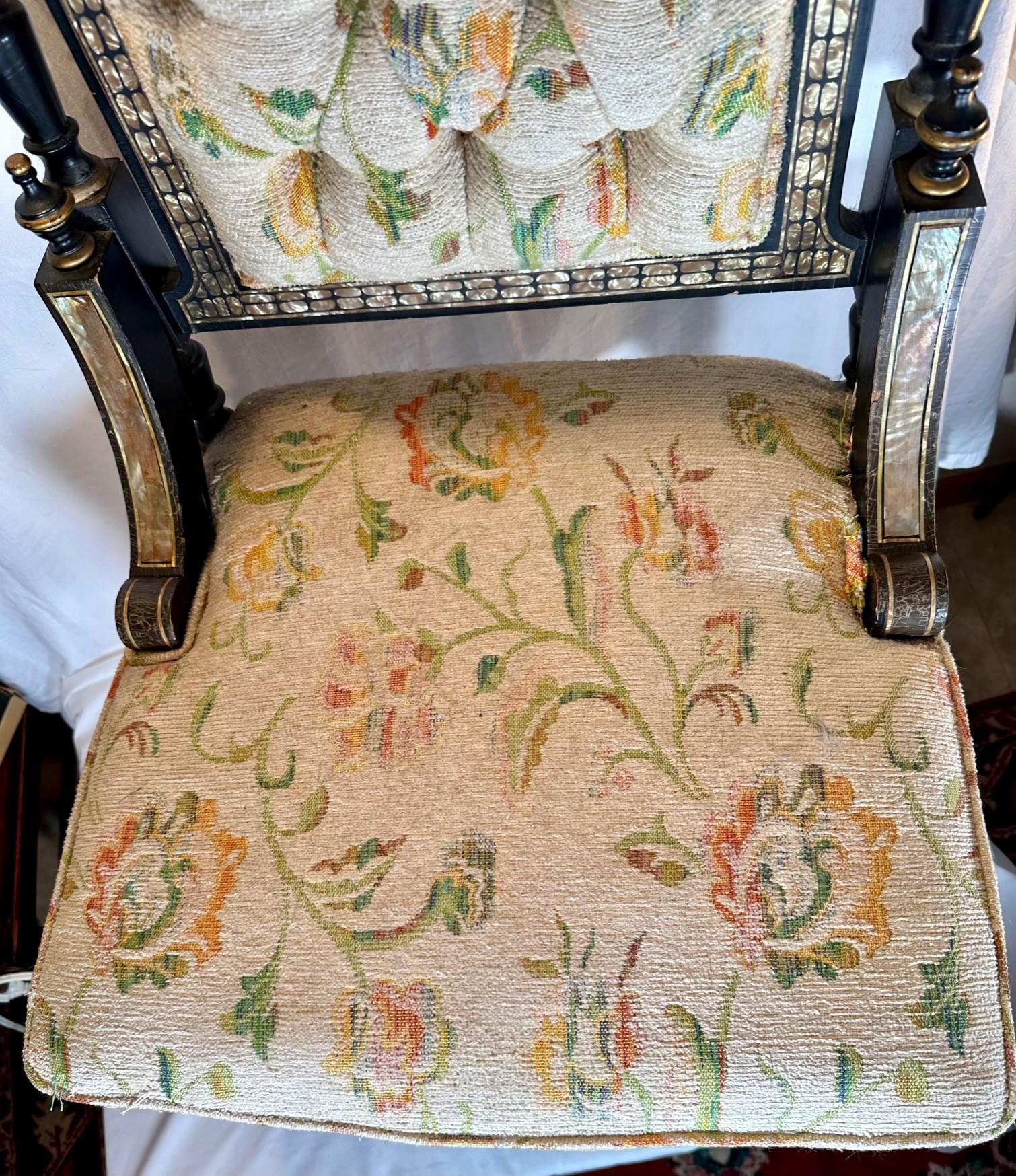 Wood Mid Victorian Ebonized Chair with Mother of Pearl Inlay. For Sale