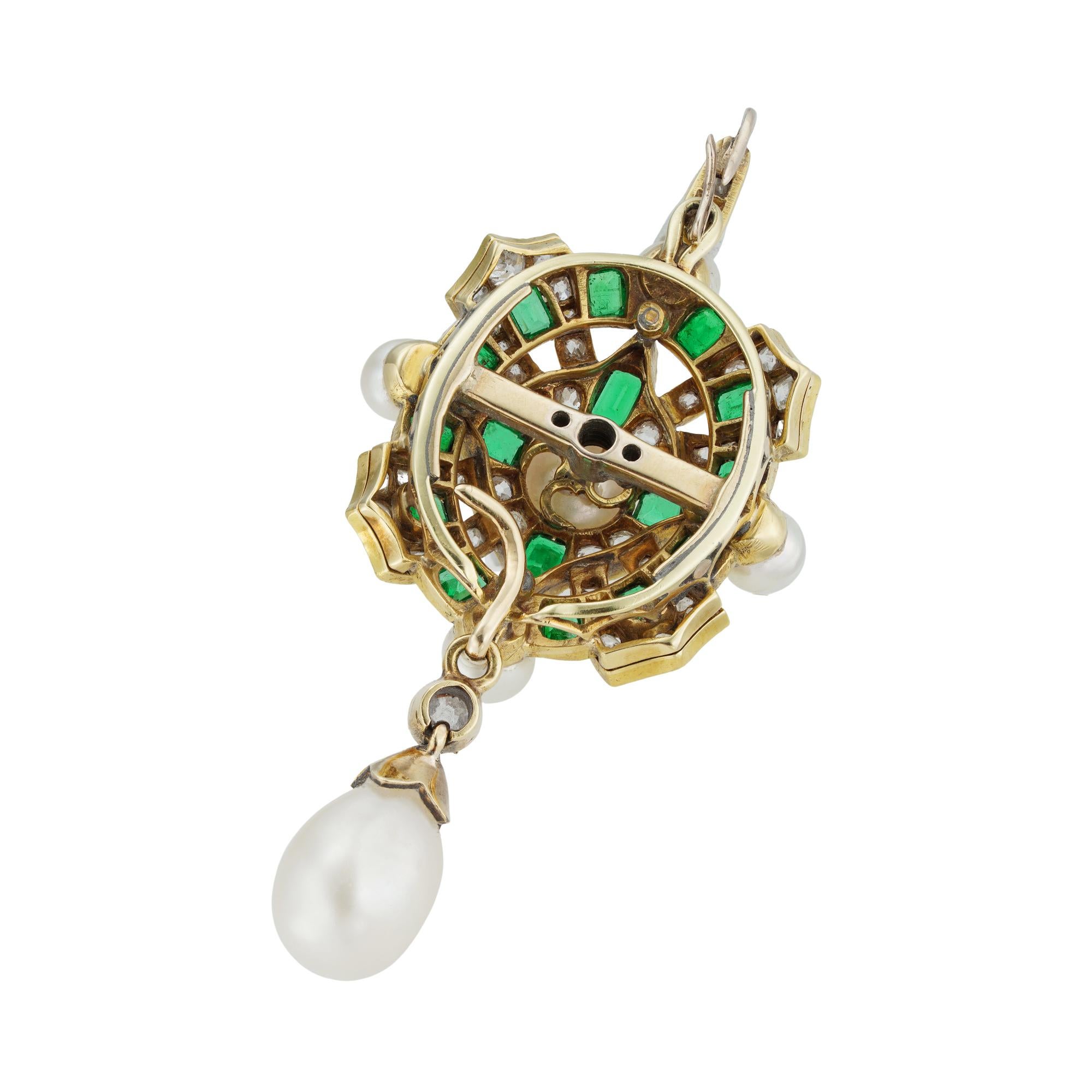 Old European Cut Mid-Victorian Emerald, Pearl and Diamond Pendant For Sale