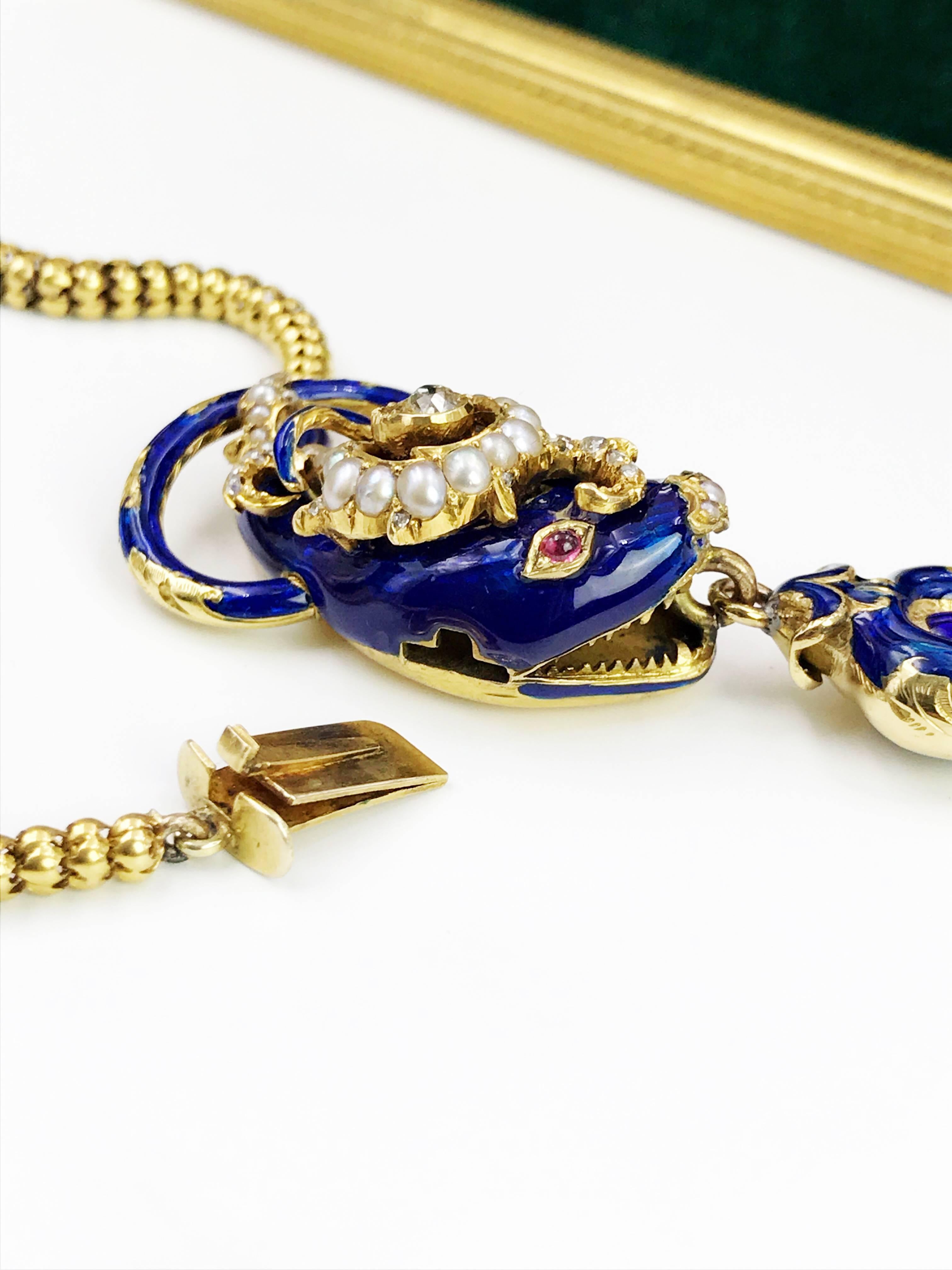 Old European Cut Mid-Victorian Enamel and Diamond Snake Necklace