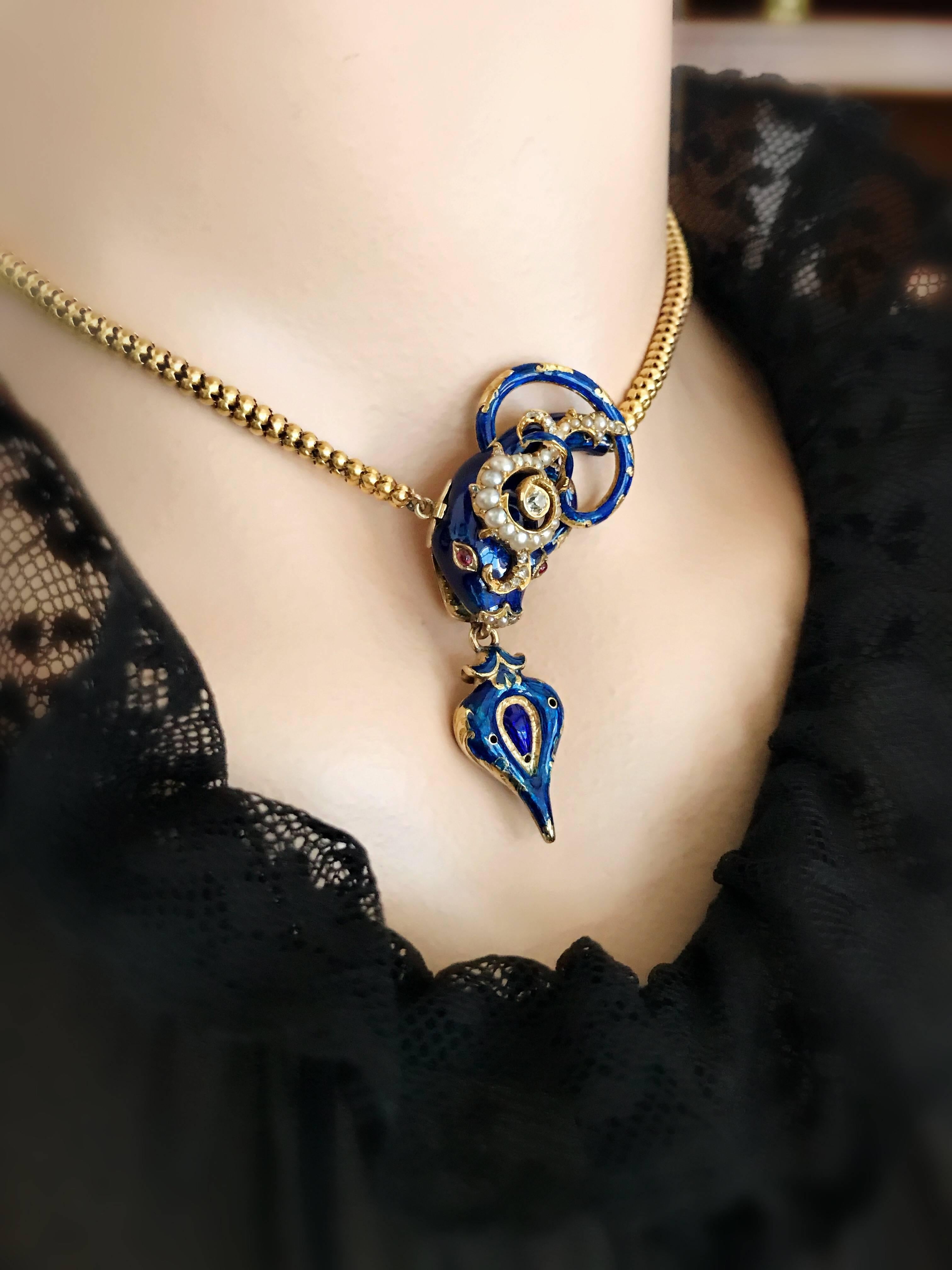 Women's or Men's Mid-Victorian Enamel and Diamond Snake Necklace