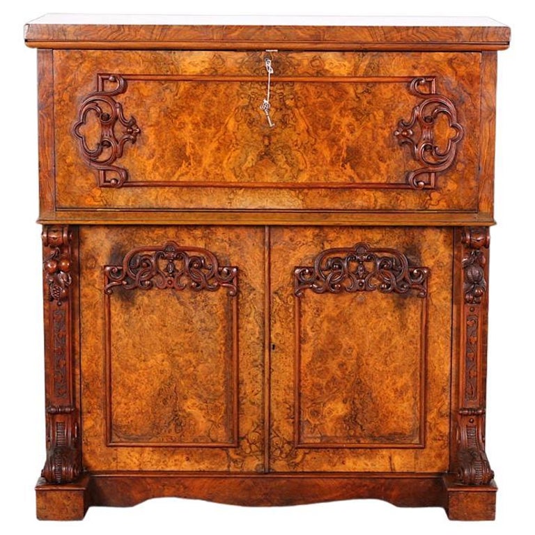 MidVictorian English Burl Walnut Secretary Desk For Sale at