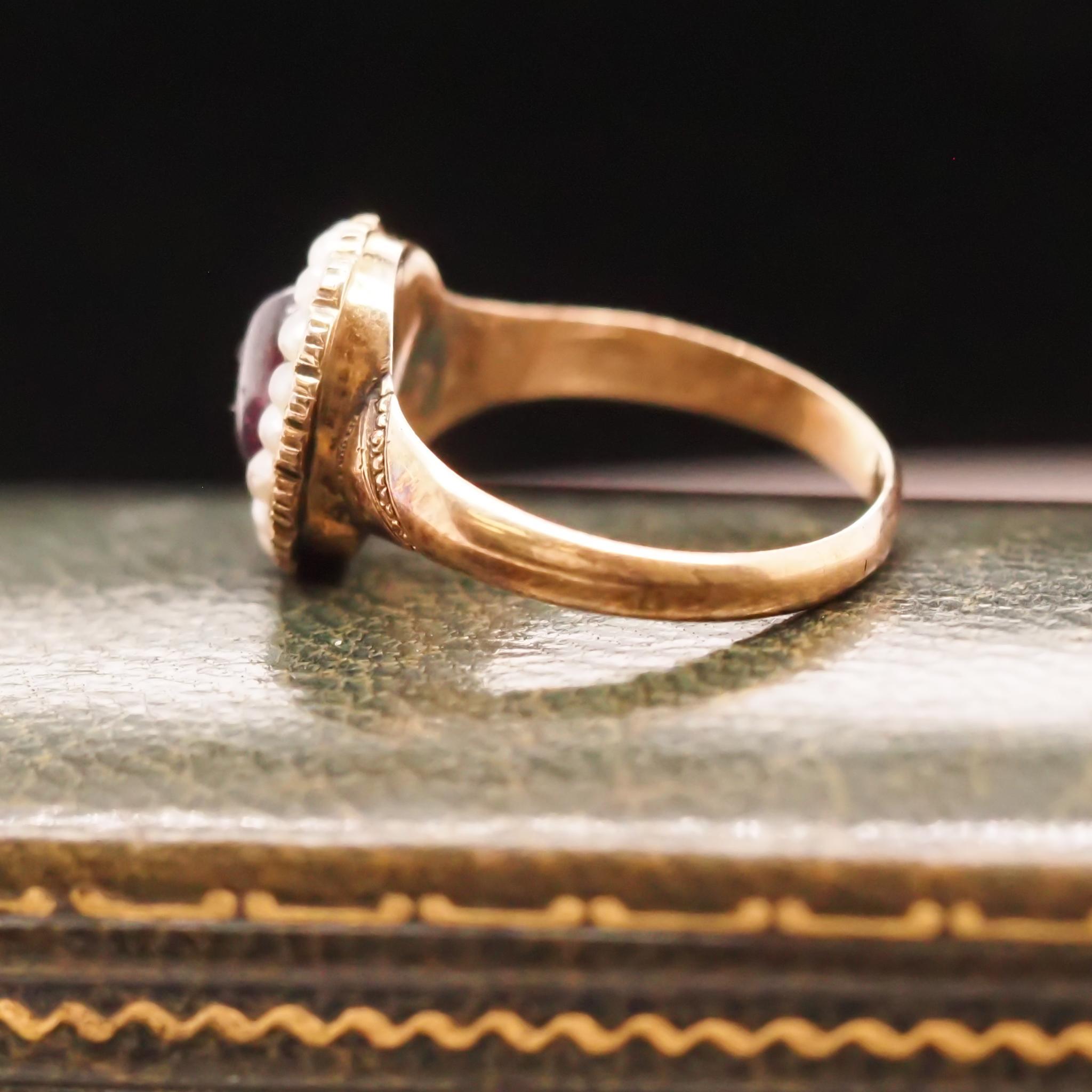 Mid Victorian Engraved “1863” Tourmaline and Pearl Ring In Good Condition For Sale In Atlanta, GA