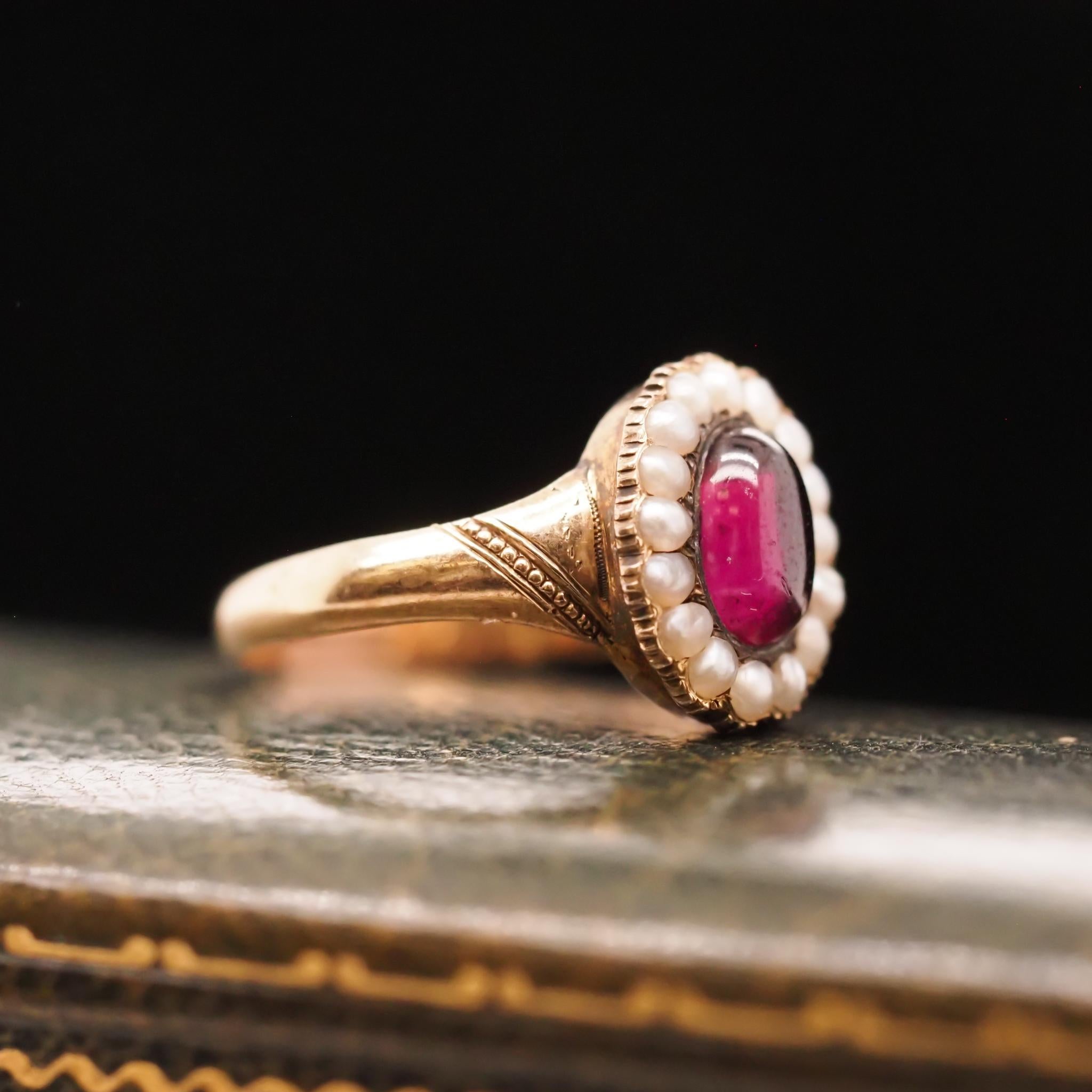 Mid Victorian Engraved “1863” Tourmaline and Pearl Ring For Sale 3