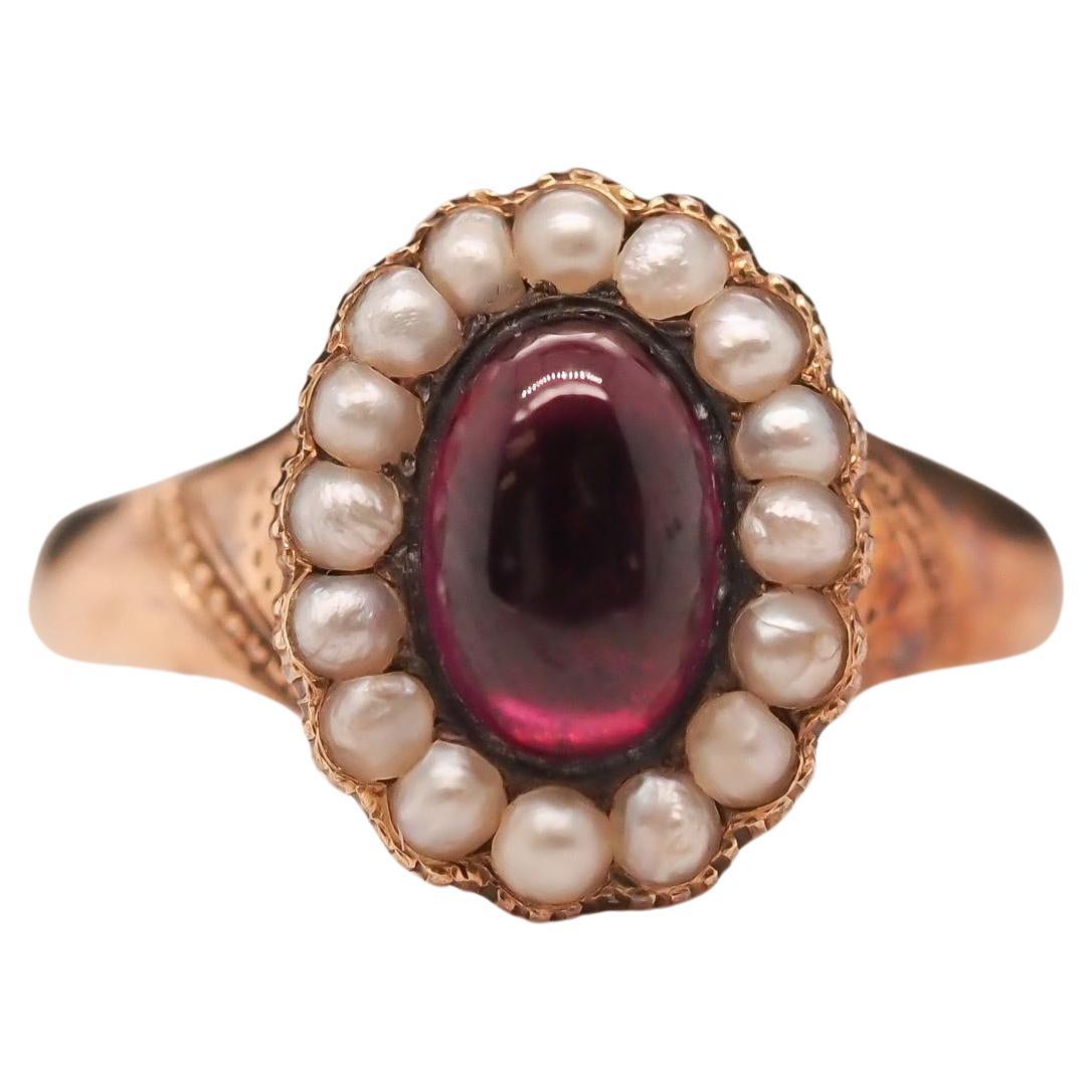Mid Victorian Engraved “1863” Tourmaline and Pearl Ring For Sale