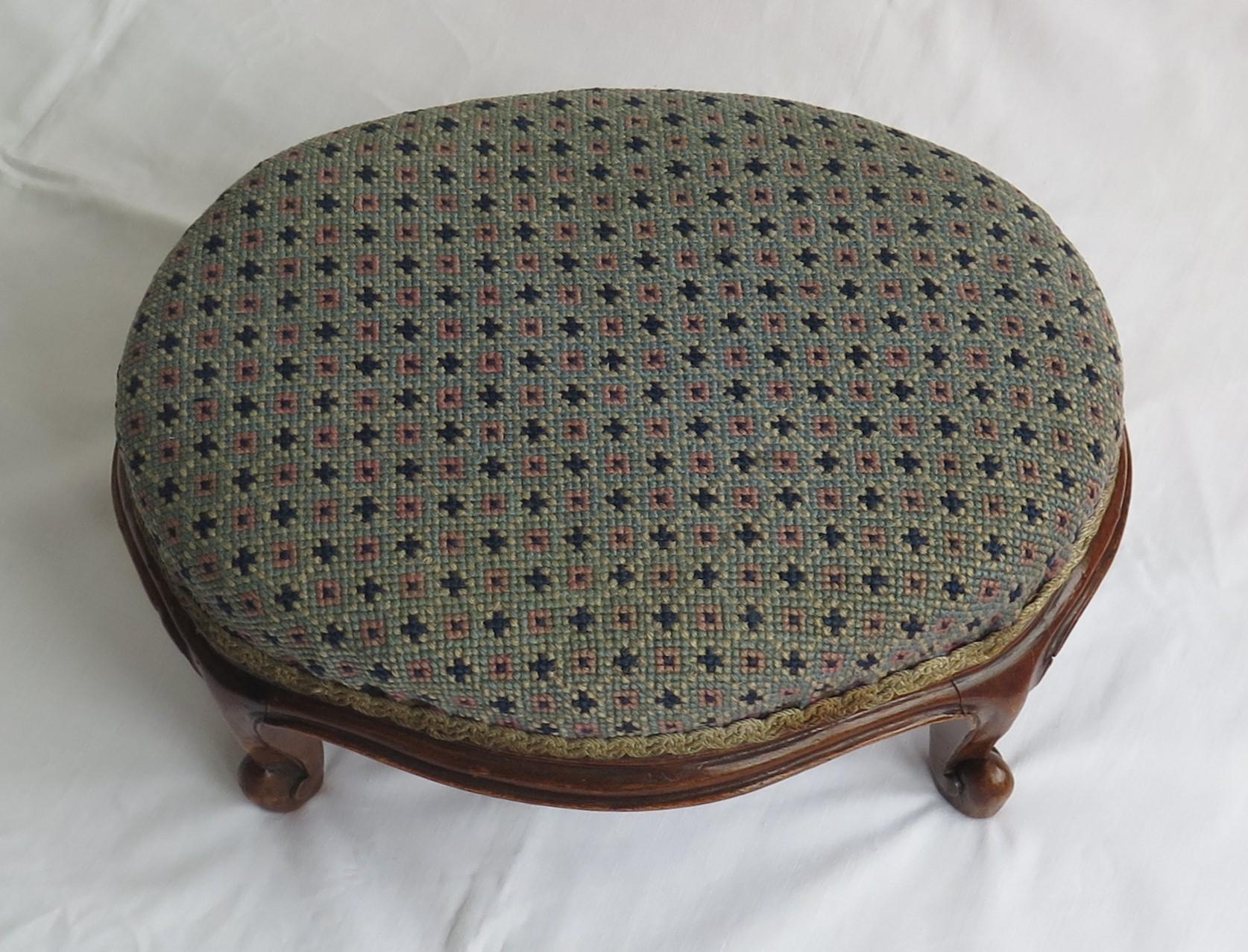Fabric Mid Victorian Footstool Oval Mahogany with Tapestry Style Woven Top, circa 1850