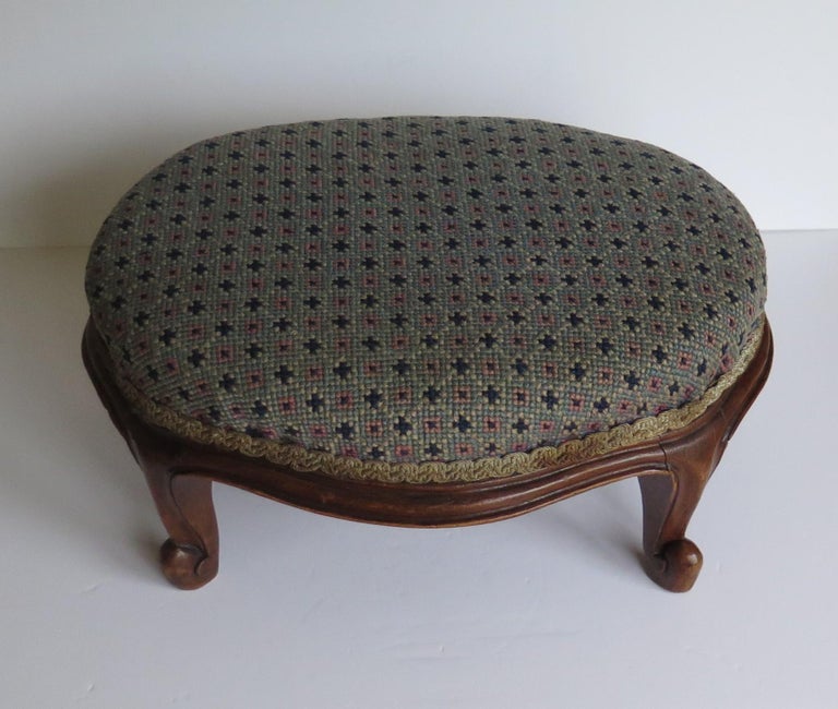 Mid Victorian Footstool Oval Mahogany with Tapestry Style Woven Top