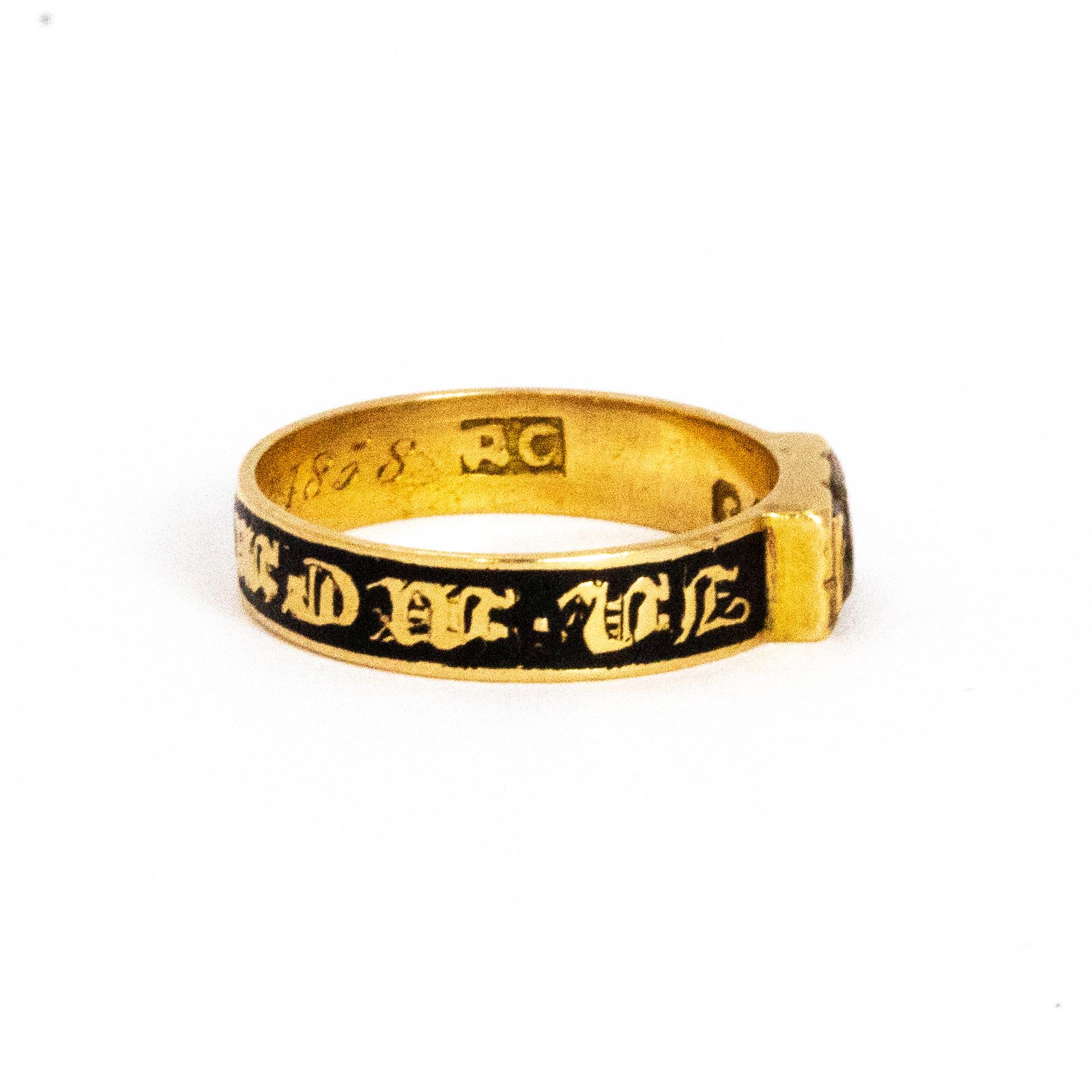 Women's or Men's Mid Victorian Glazed Locket Front 18 Carat Gold and Enamel Mourning Ring
