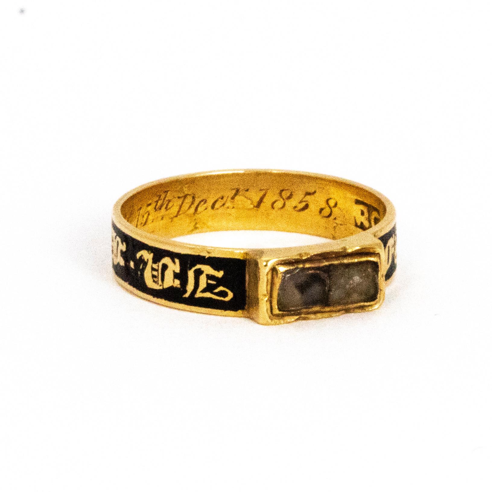 Mid Victorian Glazed Locket Front 18 Carat Gold and Enamel Mourning Ring 1