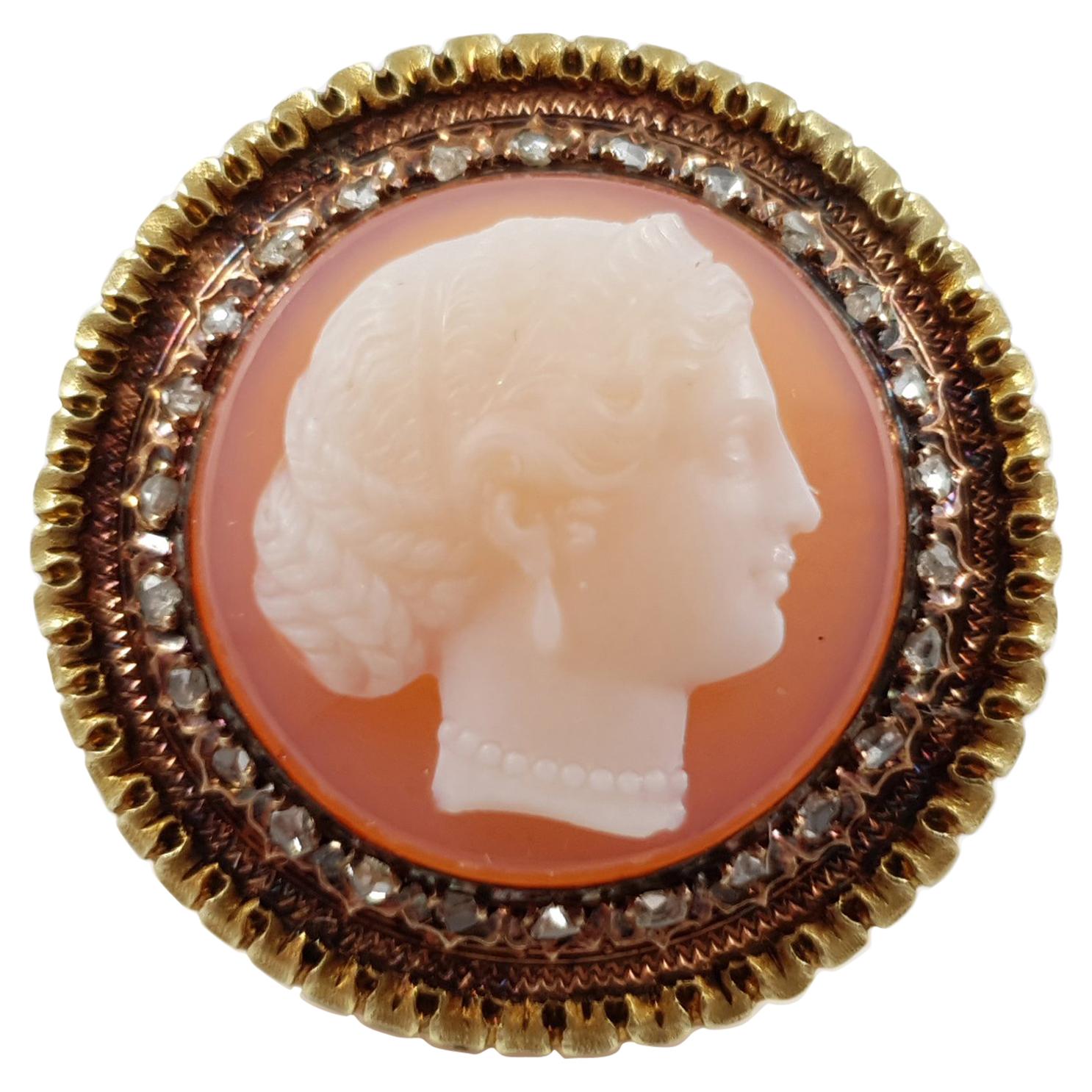 Mid-Victorian Gold and Diamond Classical Female Cameo Brooch