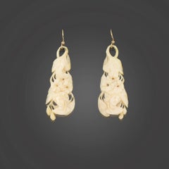 Mid-Victorian Hand Carved Ivory Long Earrings Circa 1870
