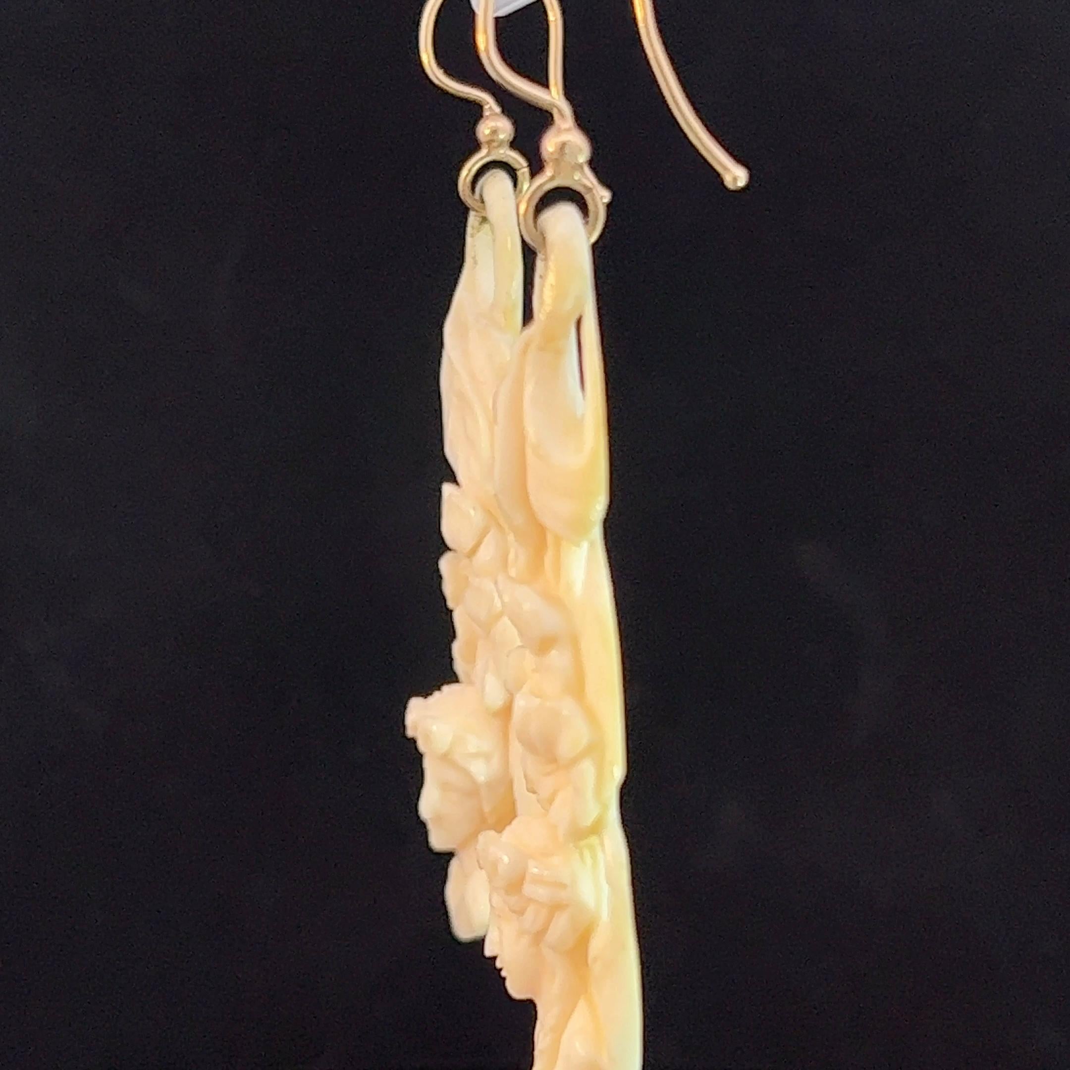 Mid-Victorian Hand Carved Ivory Long Earrings Circa 1870 For Sale 1