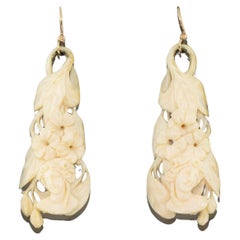 Mid-Victorian Hand Carved Ivory Long Earrings Circa 1870
