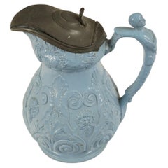 Antique Mid Victorian Light Blue Embossed Jug With Pewter Lid, Scotland 1860, B1956y