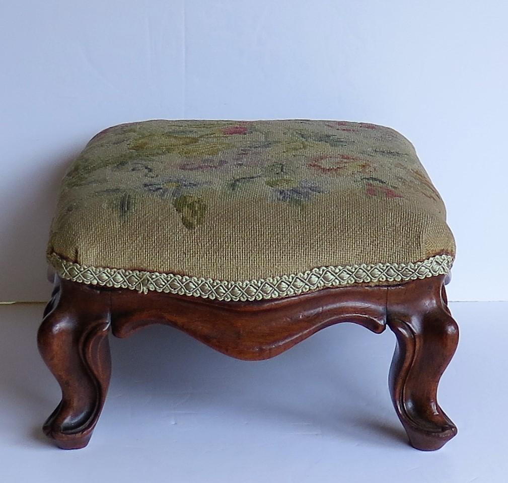 19th Century Mid-Victorian walnut Footstool Cabriole Legs & woven Tapestry Top, circa 1850