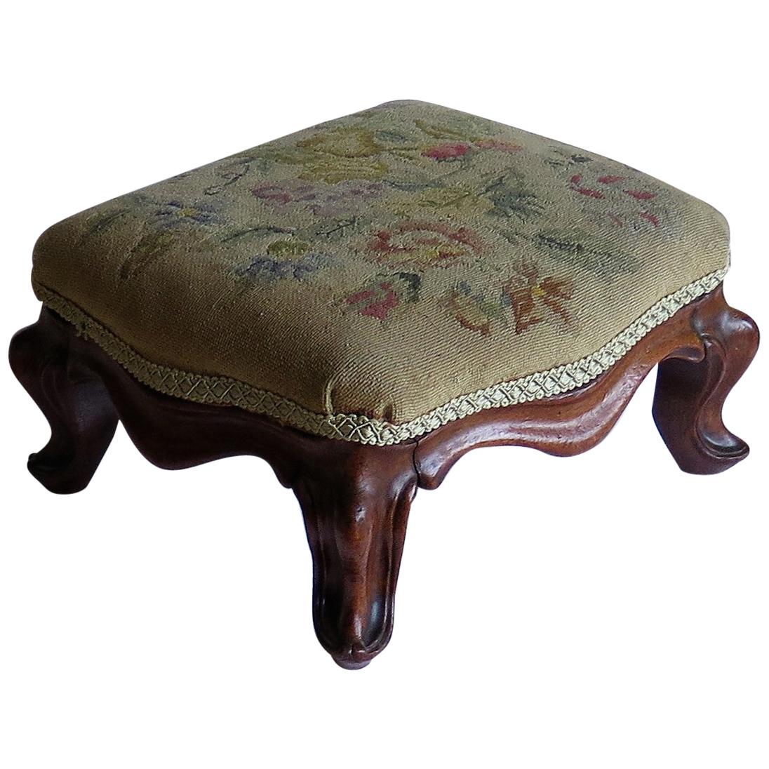 Mid-Victorian walnut Footstool Cabriole Legs & woven Tapestry Top, circa 1850