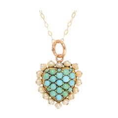 Mid-Victorian Pavé Turquoise Pearl Heart Pendant